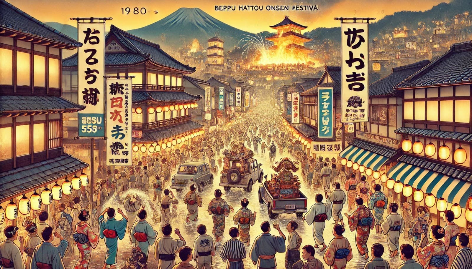 DALL?E 2026-03-20 23.20.52 - A historical illustration depicting the expansion of the Beppu Hattou Onsen Festival in the 1980s and 1990s___1. 1980s (Showa 55~)_ A vibrant festival