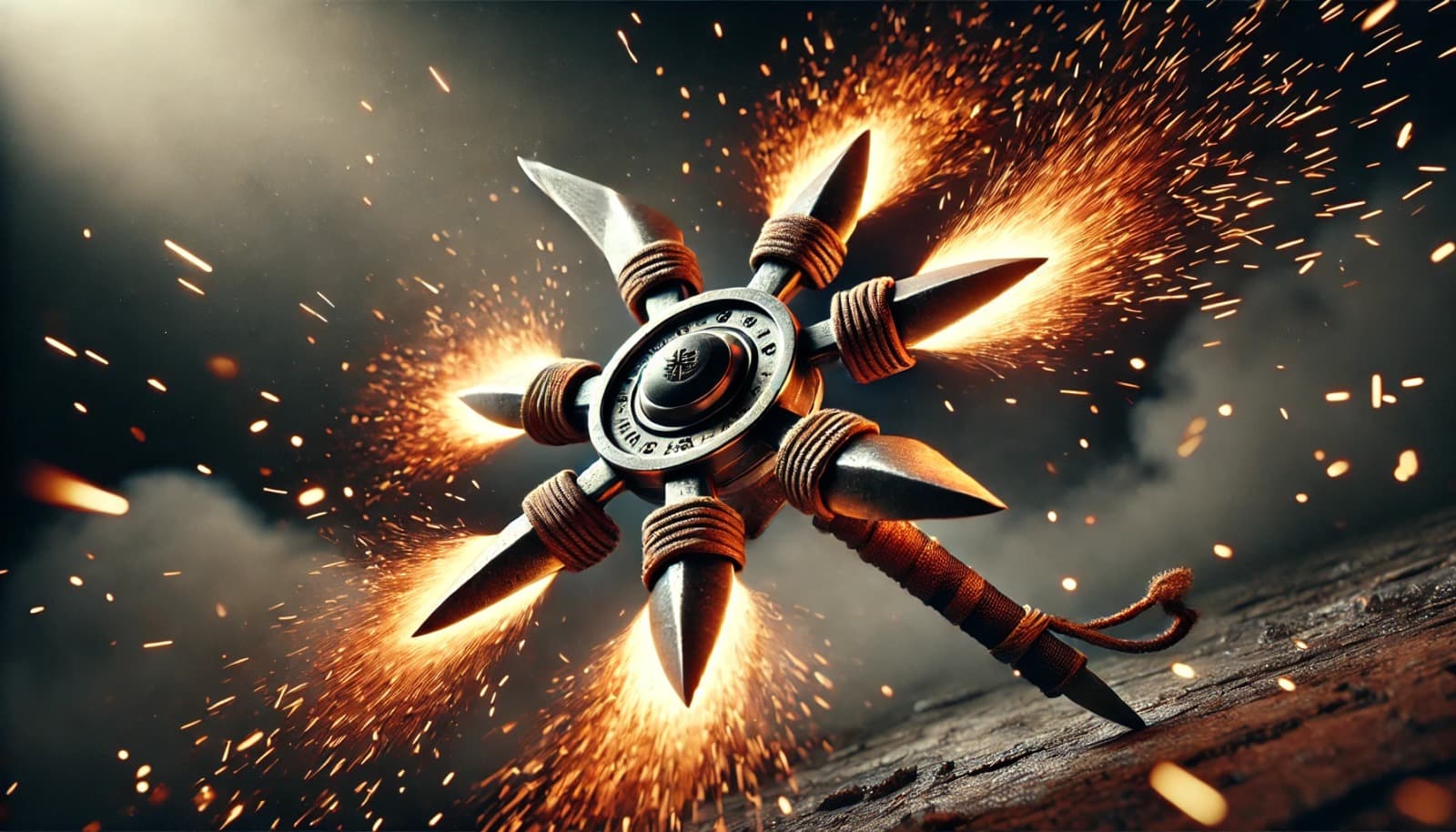 DALL?E 2025-03-08 16.10.12 - A highly realistic, wide-angle depiction of a historical ninja weapon called _Kasha-Ken_ (Fire Wheel Sword). The weapon is a cross-shaped shuriken wit