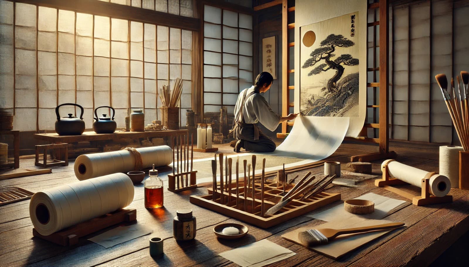 DALL?E 2025-01-12 15.54.31 - A photorealistic image of a traditional Japanese workshop showing the process of ura-uchi (backing) for a kakejiku scrolls honshi (main artwork). T