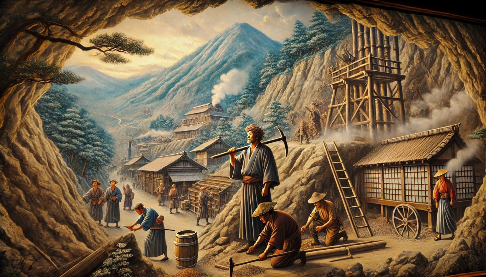 DALL?E 2025-02-15 16.57.20 - A historical depiction of Ginzan Onsen in Japan during the 15th century, showcasing the discovery of the silver mine by a miner in traditional Japanes