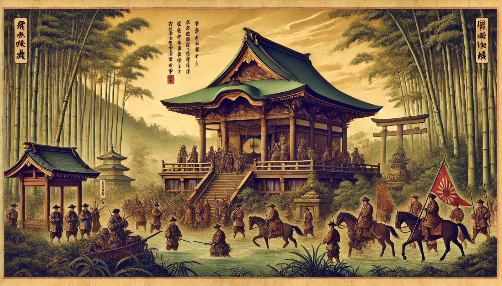 DALL?E 2025-01-01 23.40.06 - A historical depiction styled as an ancient Japanese painting of Nonomiya Shrine in 1573, during its decline and subsequent restoration in the Azuchi--1