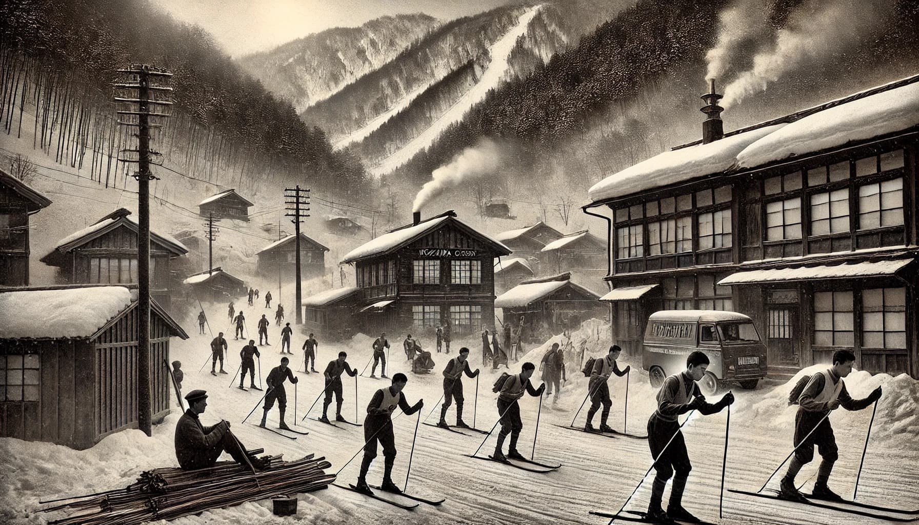 Historical image of skiing in Nozawa Onsen