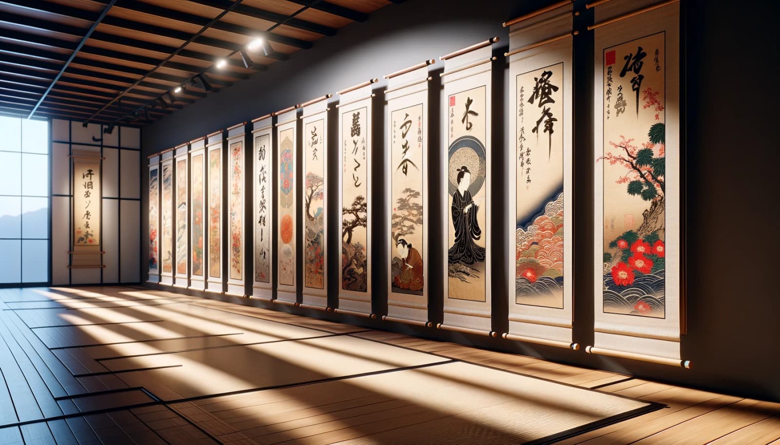 DALL·E 2025-01-12 16.02.40 - A photorealistic image of a gallery showcasing various types of Japanese kakejiku scrolls displayed side by side. Each scroll features distinct styles (2) (1)