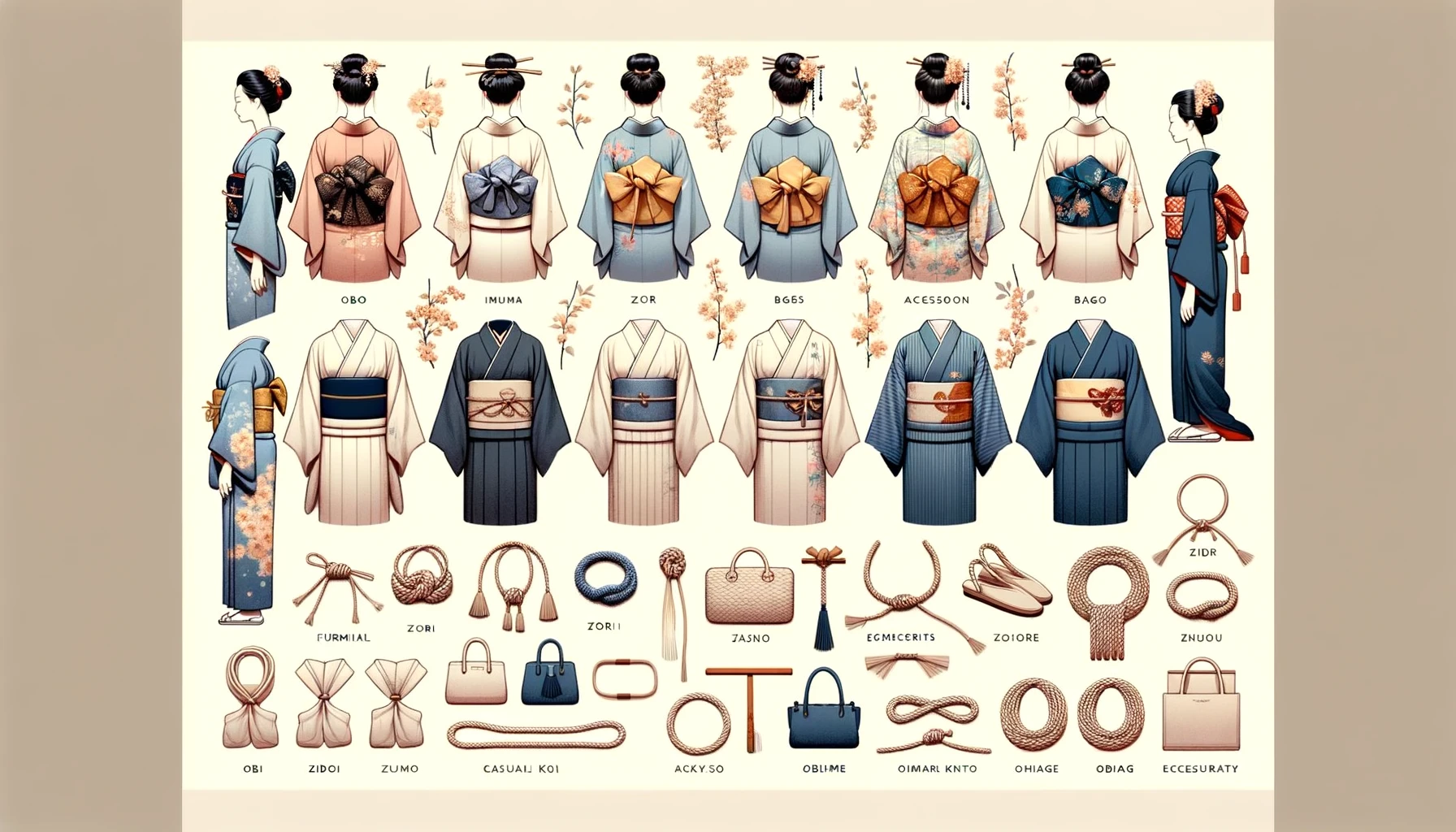 DALL·E 2024-03-02 13.49.04 - An elegant visual guide to the essentials of kimono wear, showcasing the harmony between different obi knots and accessory choices. This image series