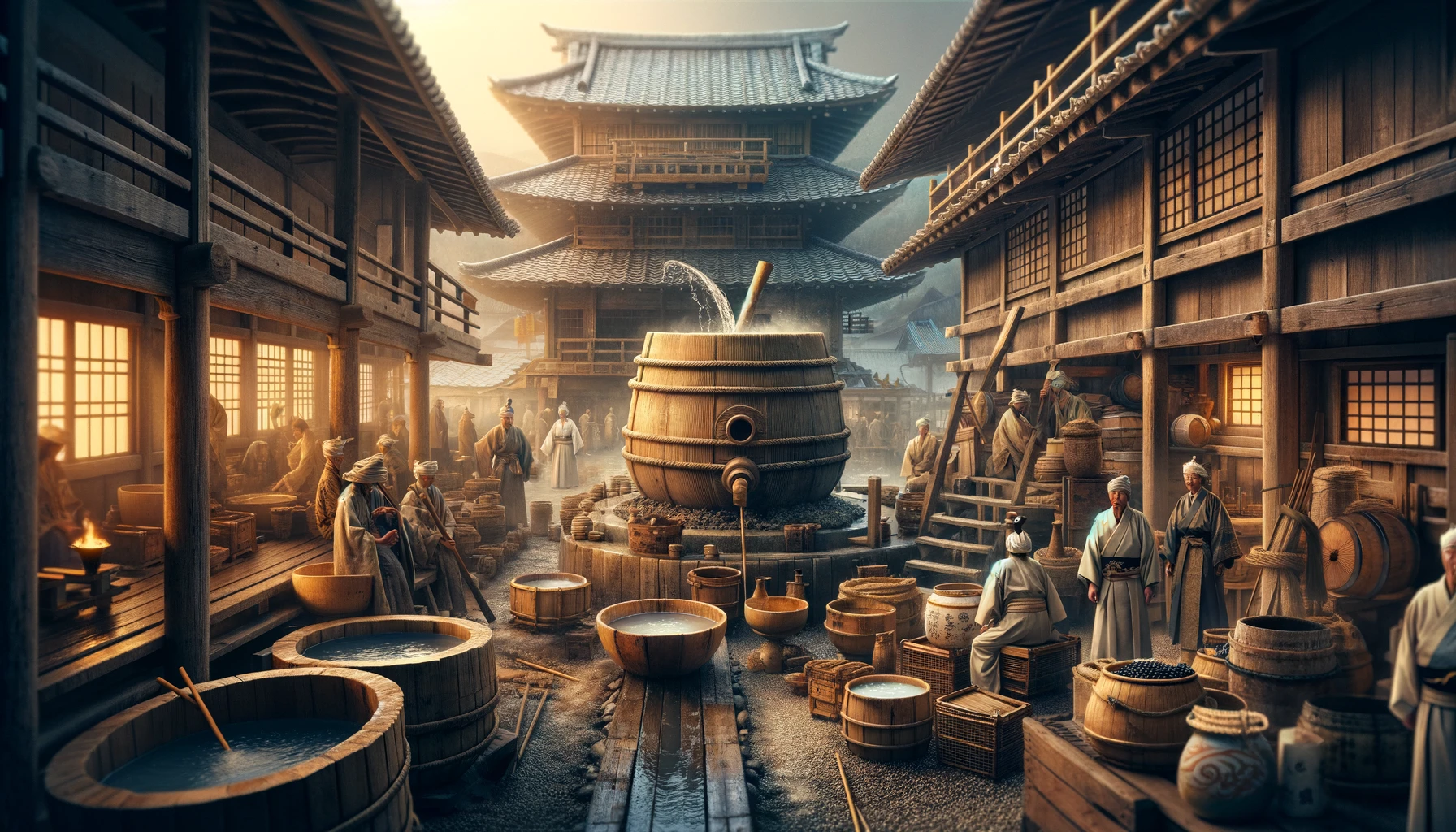 DALL·E 2024-02-18 17.46.26 - Create a historical and atmospheric image that captures the essence of the early days of sake brewing in Japan, which adapted Chinese brewing techniqu