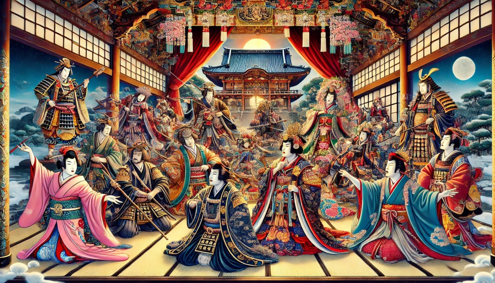 DALL?E 2025-03-14 20.57.14 - A vivid depiction of the three great Kabuki plays_ Sugawara Denju Tenarai Kagami, Yoshitsune Senbon Zakura, and Kanadehon Chushingura, known as 