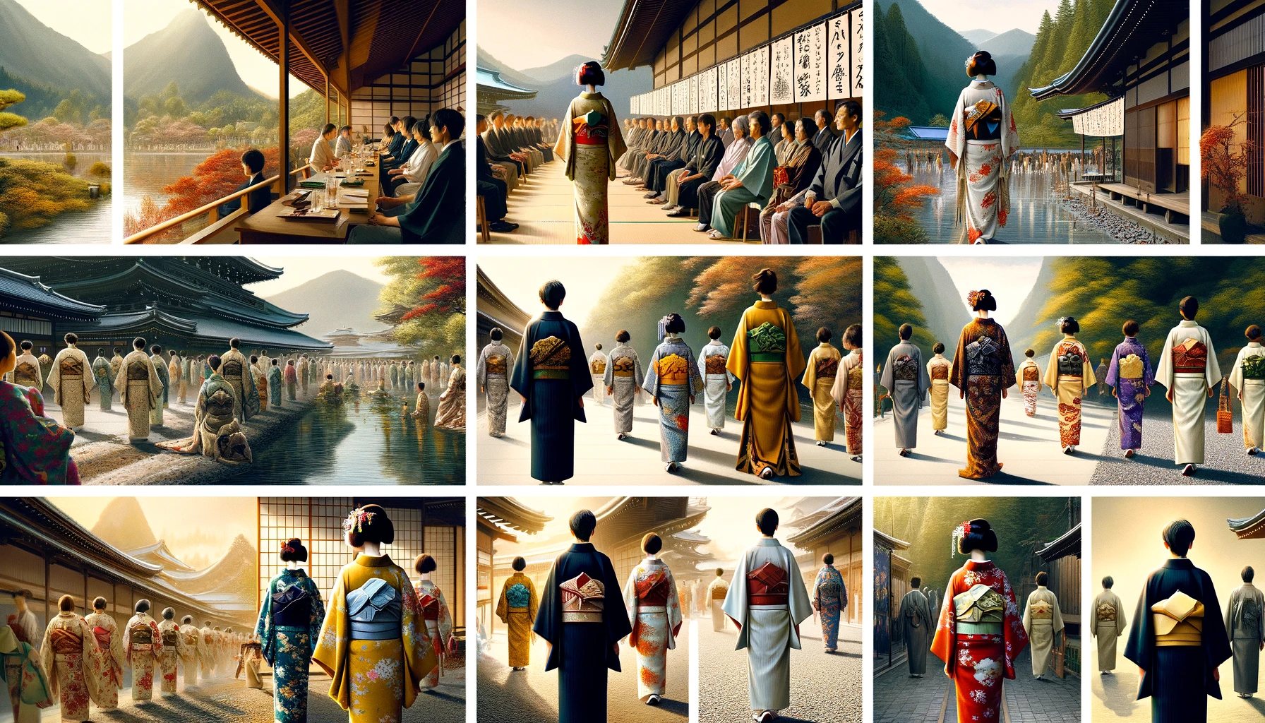 DALL·E 2024-03-02 14.04.44 - A series of images showcasing the enduring relevance of the kimono in contemporary Japan, illustrating its presence in both traditional settings and m