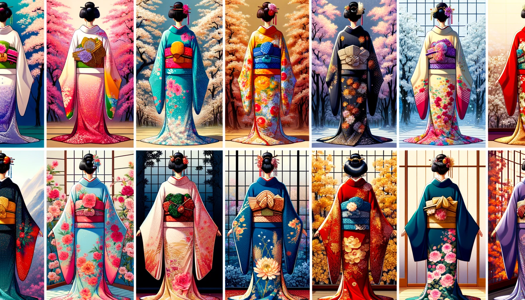 DALL·E 2024-03-02 13.44.05 - A collection of images that vividly illustrates the significance of colors and patterns in kimono designs, reflecting their cultural and seasonal symb