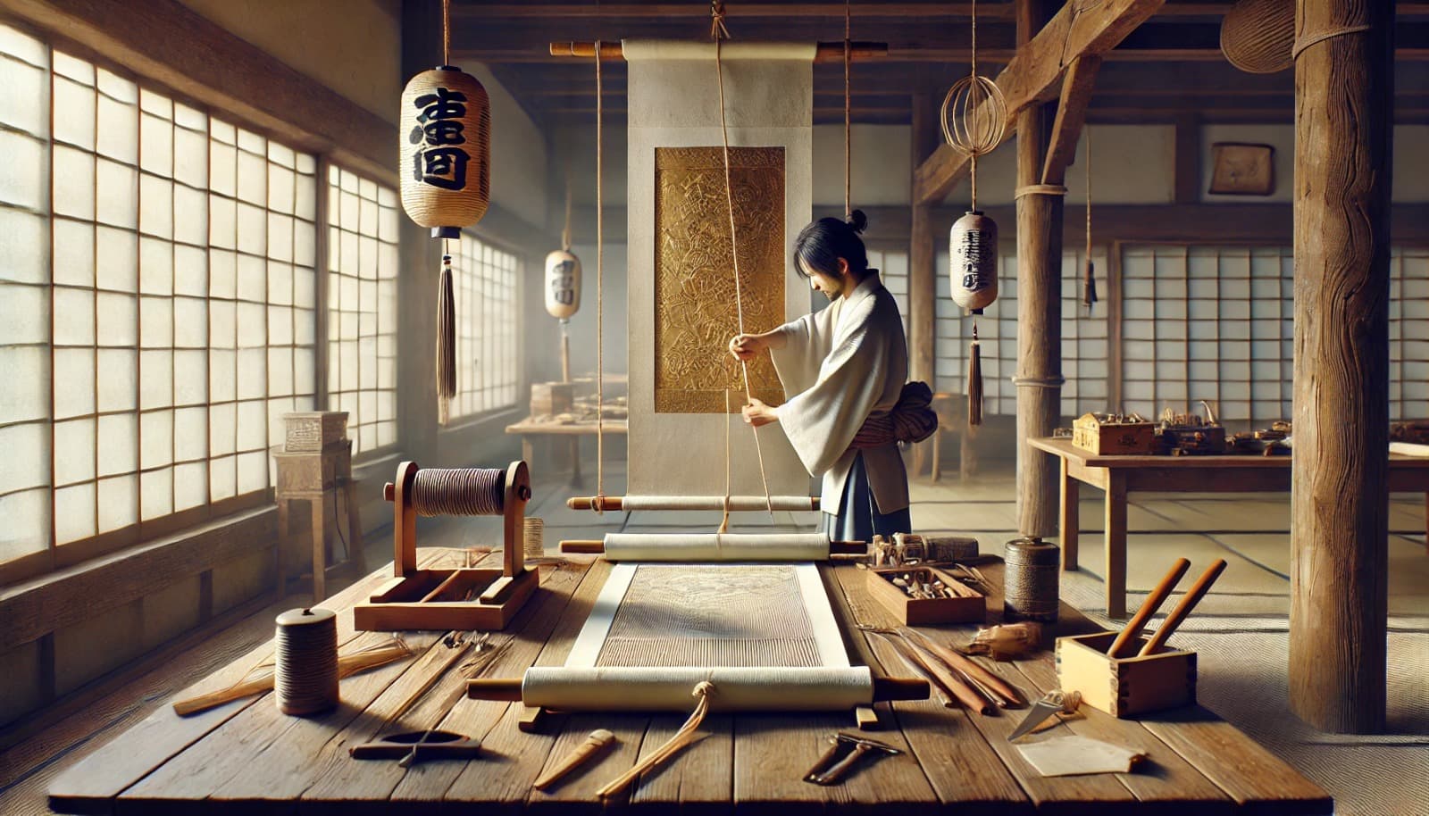 DALL?E 2025-01-12 15.54.19 - A photorealistic image of a traditional Japanese workshop showing the process of attaching futai (decorative hanging ribbons) and fuchin (weights)