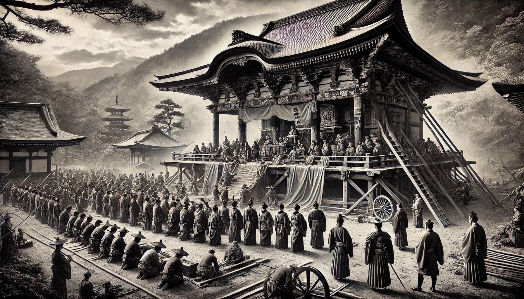 DALL?E 2024-09-24 08.51.21 - A black-and-white image in the style of an old photograph, depicting the 1582 restoration of Koyasans temple by Toyotomi Hideyoshi, who renamed it Ko