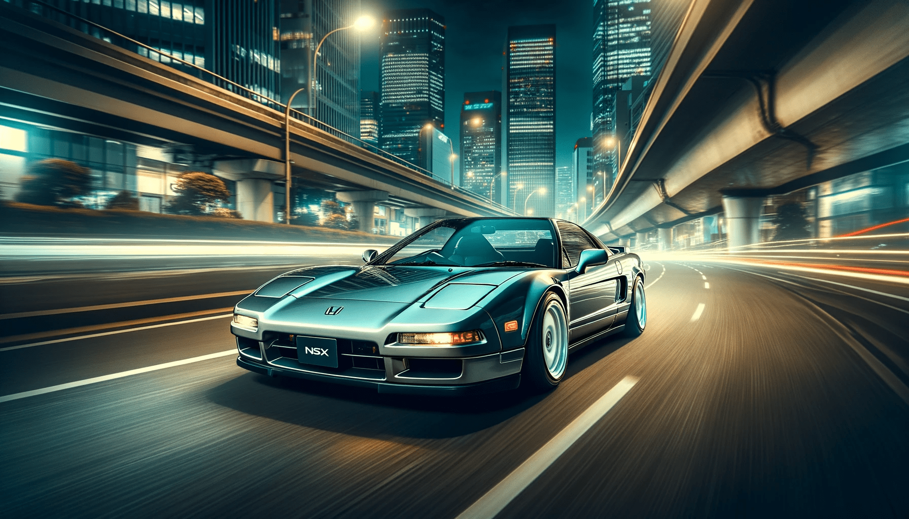 DALL·E 2024-01-08 11.40.42 - A high-quality photo of a classic Honda NSX (first generation) speeding through a city at night. The car is stylish with a timeless design, featuring