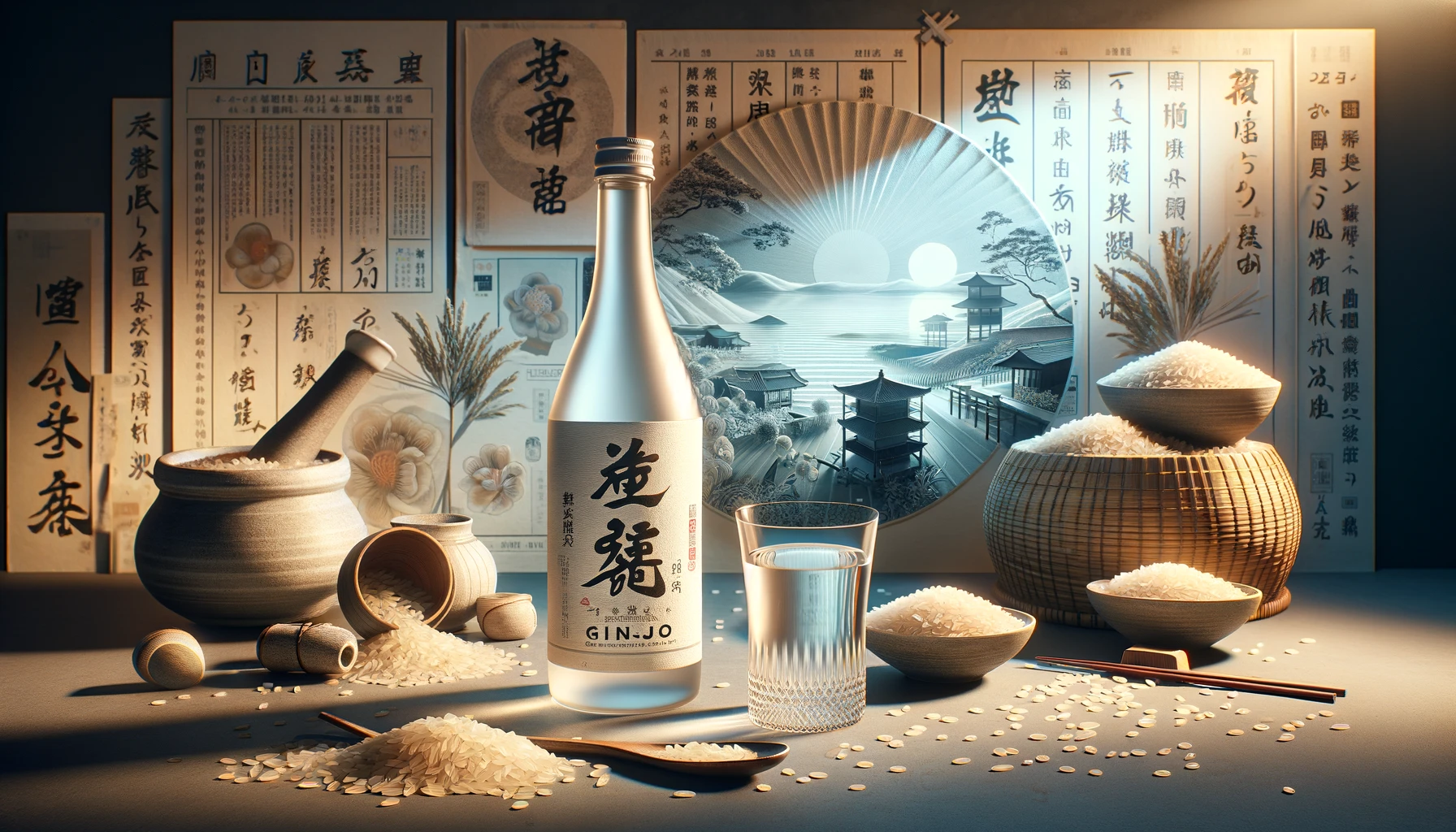 DALL·E 2024-02-18 17.54.21 - Create an image that embodies the essence of Ginjo sake, characterized by rice that has been milled to 50% or less of its original size. This process