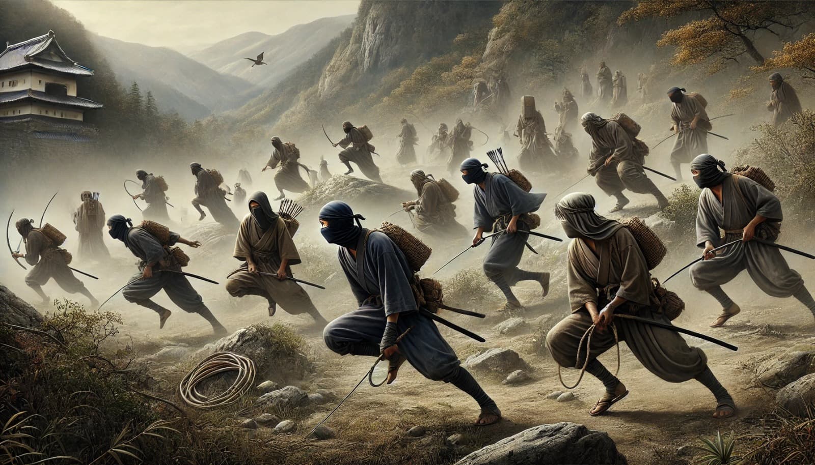 DALL?E 2025-03-08 15.49.08 - A historical depiction of early ninjas (shinobi) in ancient Japan, around the 14th century. The scene takes place in a mountainous region like Iga or