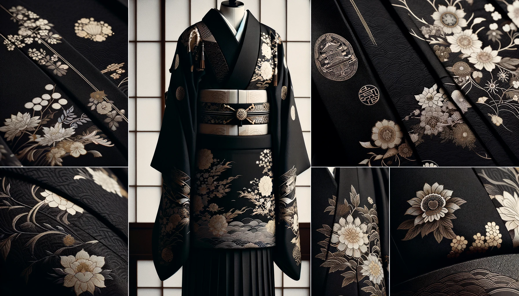DALL·E 2024-03-02 14.44.09 - A collection of images that capture the formal elegance of the Tomesode, a kimono designated for married women at formal events. The first image shoul