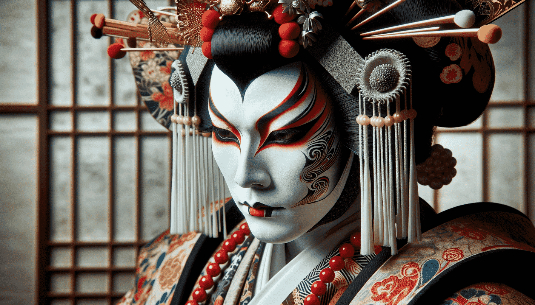DALL·E 2023-12-27 08.42.54 - A close-up view of a Kabuki actor, emphasizing the distinctive aspects of Kabuki makeup and costume_ 1. Makeup_ Detailed white foundation with bold, a