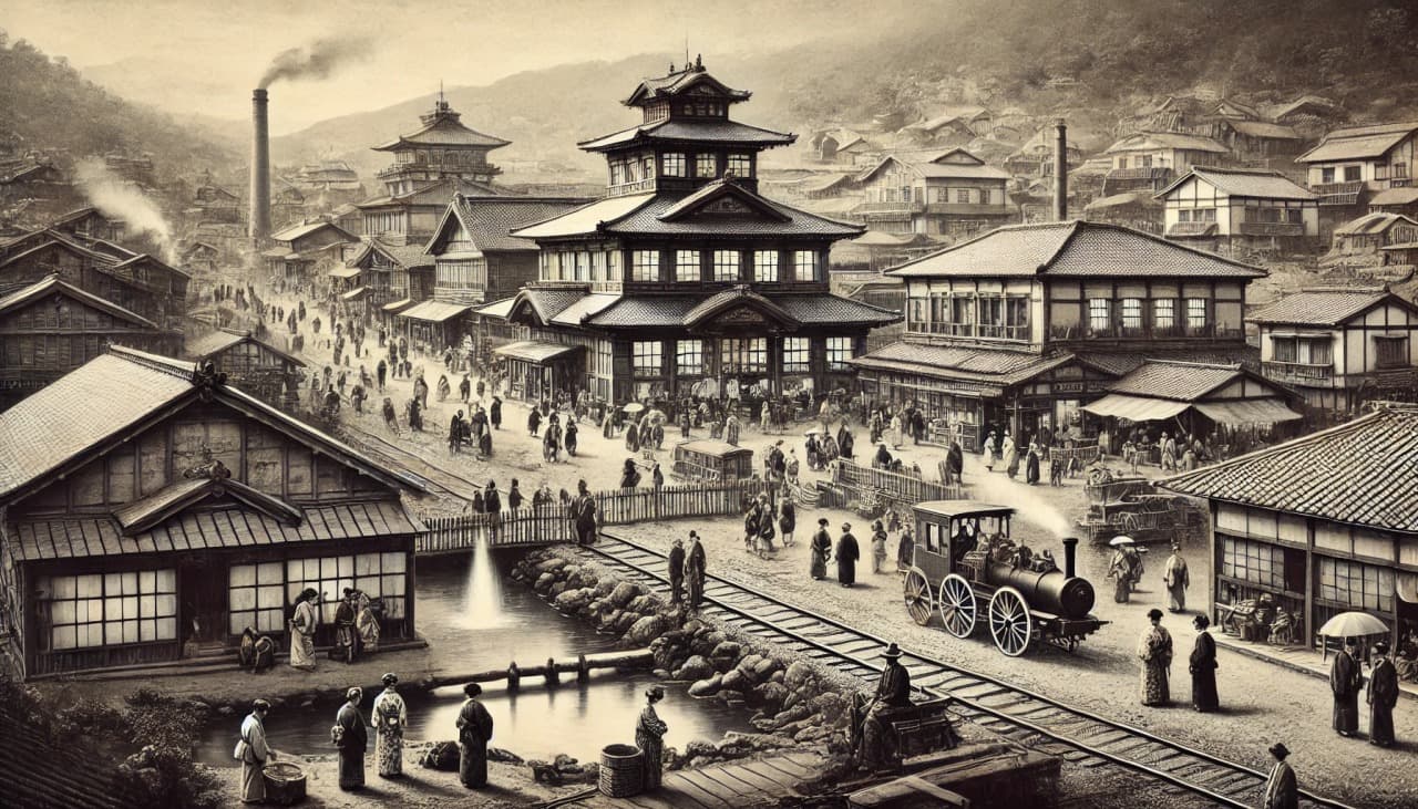 DALL?E 2024-10-27 17.08.54 - A black-and-white image in the style of an old photograph, depicting Beppu Onsen in the 1870s during the Meiji period modernization. The scene shows t