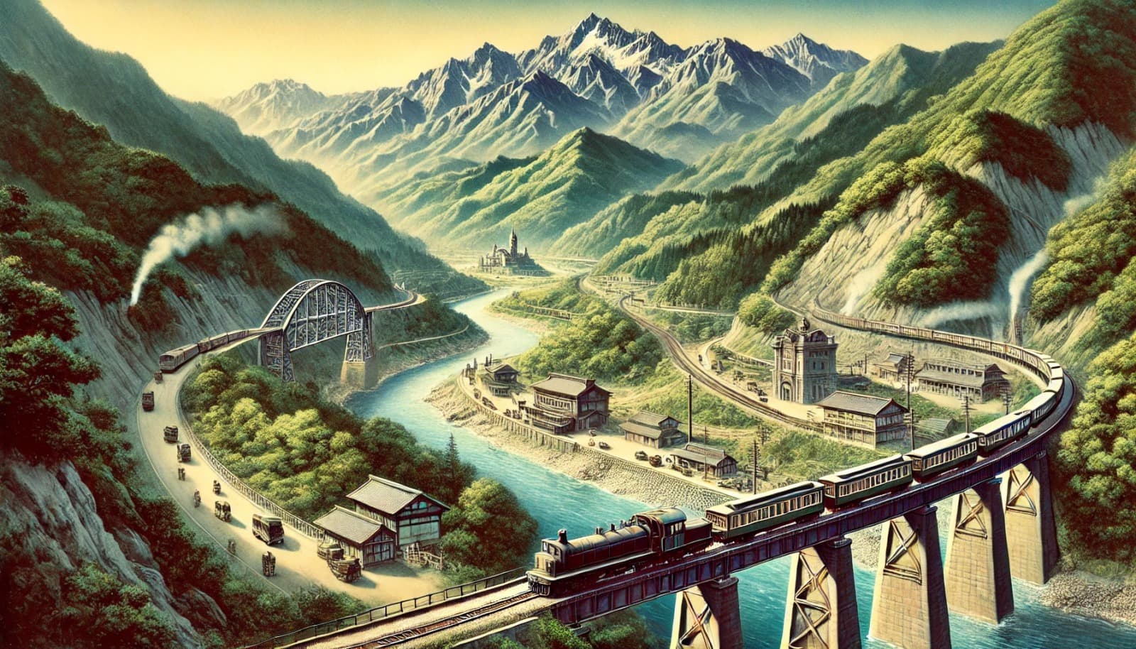DALL?E 2026-02-20 00.00.56 - A historical depiction of the Tadami Line railway in Japan, showing its gradual expansion over time. The scene captures the development from its initi