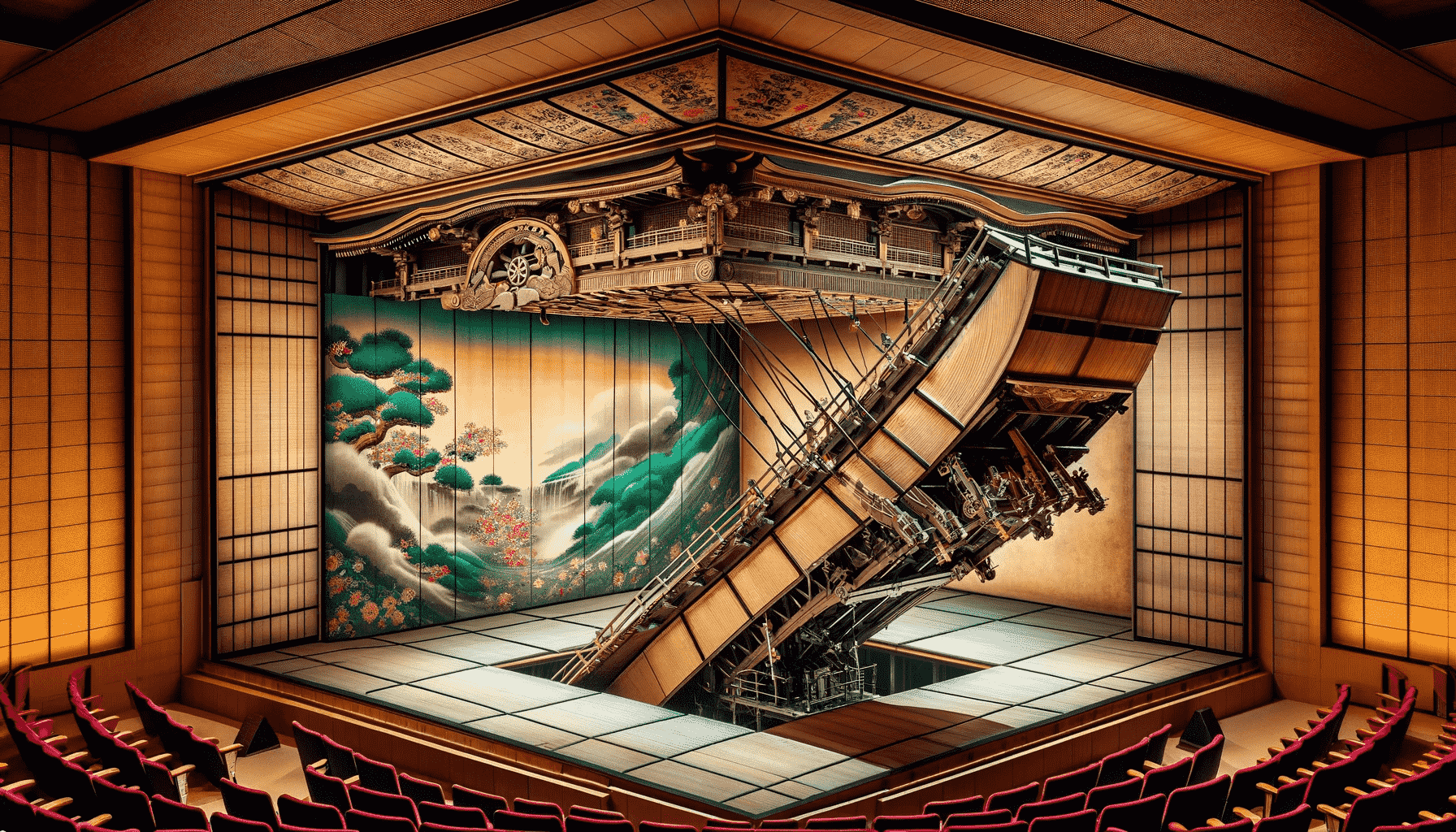 DALL·E 2023-12-27 08.41.02 - Create an image that demonstrates the Gandou-gaeshi stage mechanism in a Kabuki theater, where a large, front section of the stage floor is hinged to