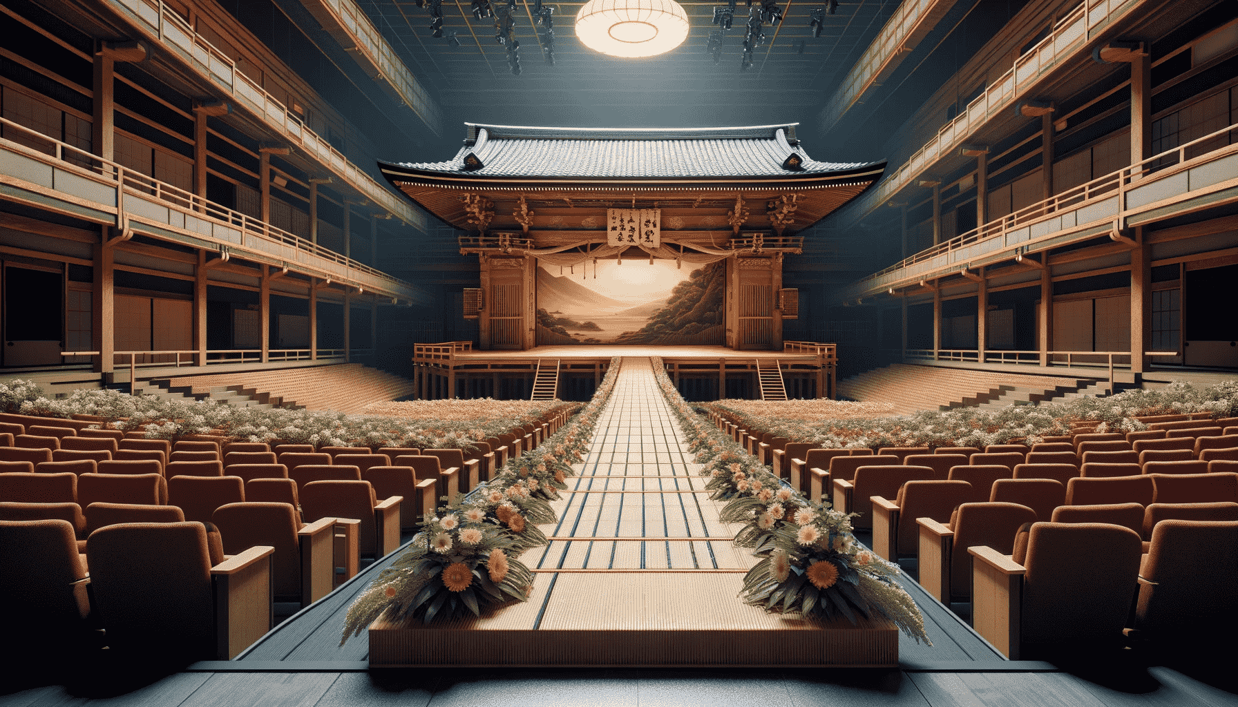 DALL·E 2023-12-27 15.22.13 - A realistic representation of a Kabuki theater stage with the hanamichi (flower path). The hanamichi is a raised walkway extending from the stage into (1)