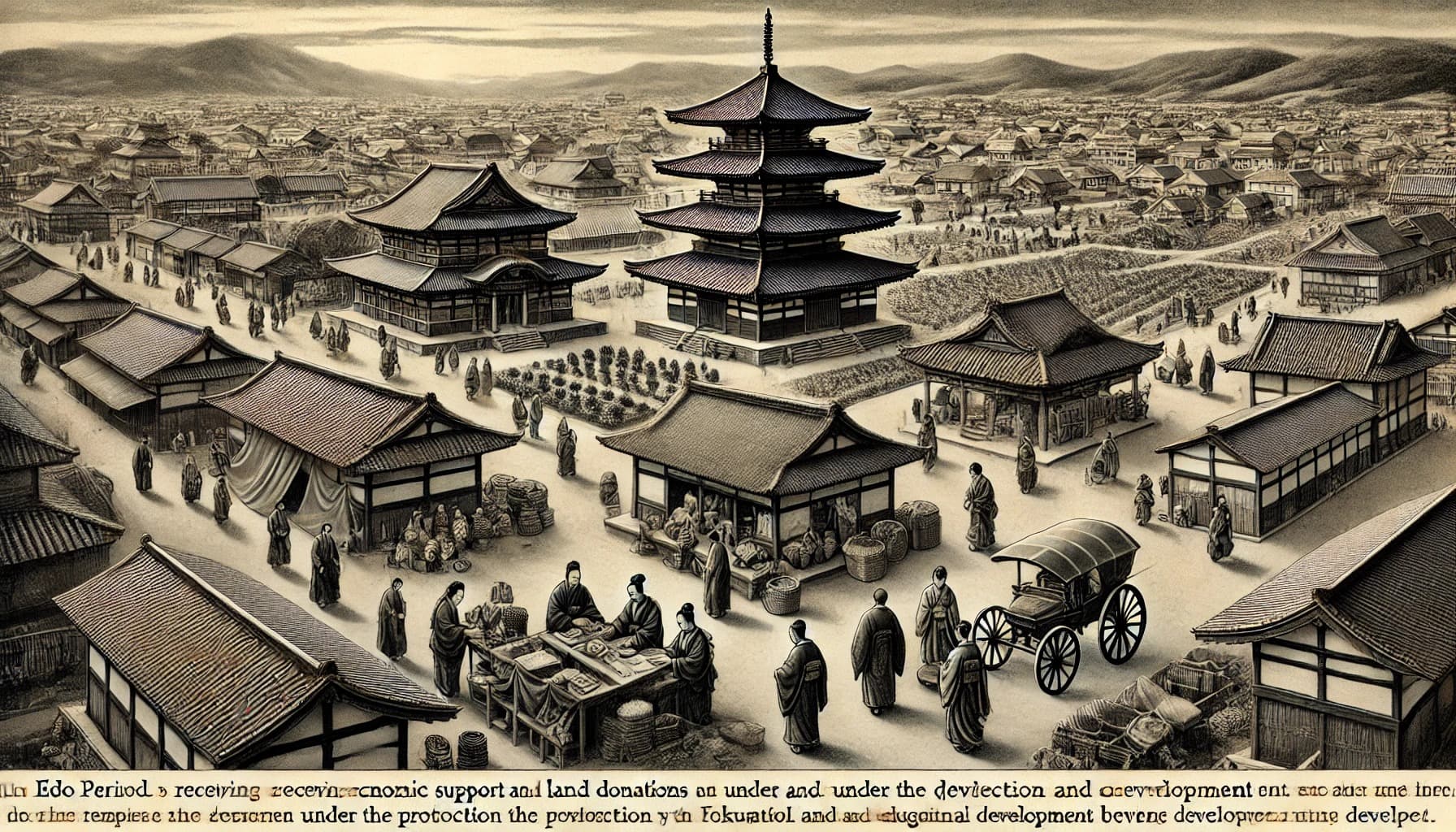 DALL?E 2024-09-28 21.30.07 - A black-and-white image in the style of an old photograph, depicting Naritasan Shinshoji Temple during the Edo period (1603) under the protection and