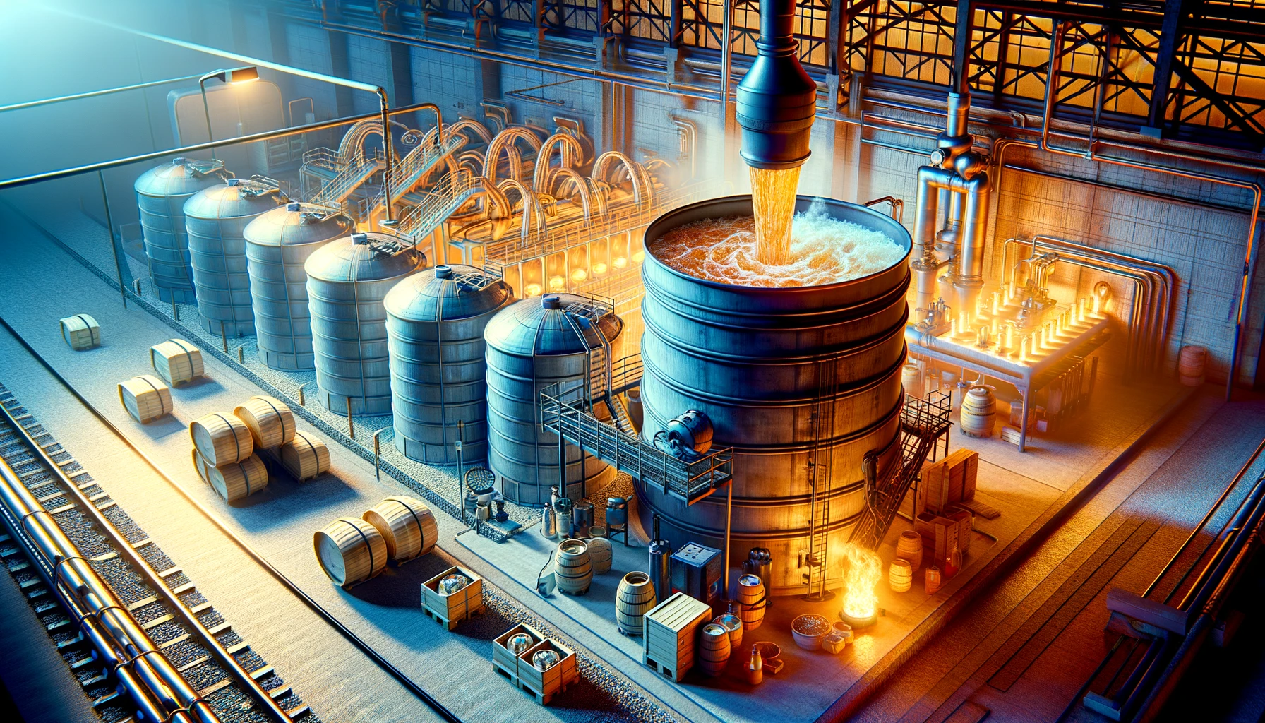 DALL·E 2024-02-18 18.03.05 - Create an image depicting the pasteurization process of sake, known as Hiire, where the sake is heated after pressing to stabilize its quality and e