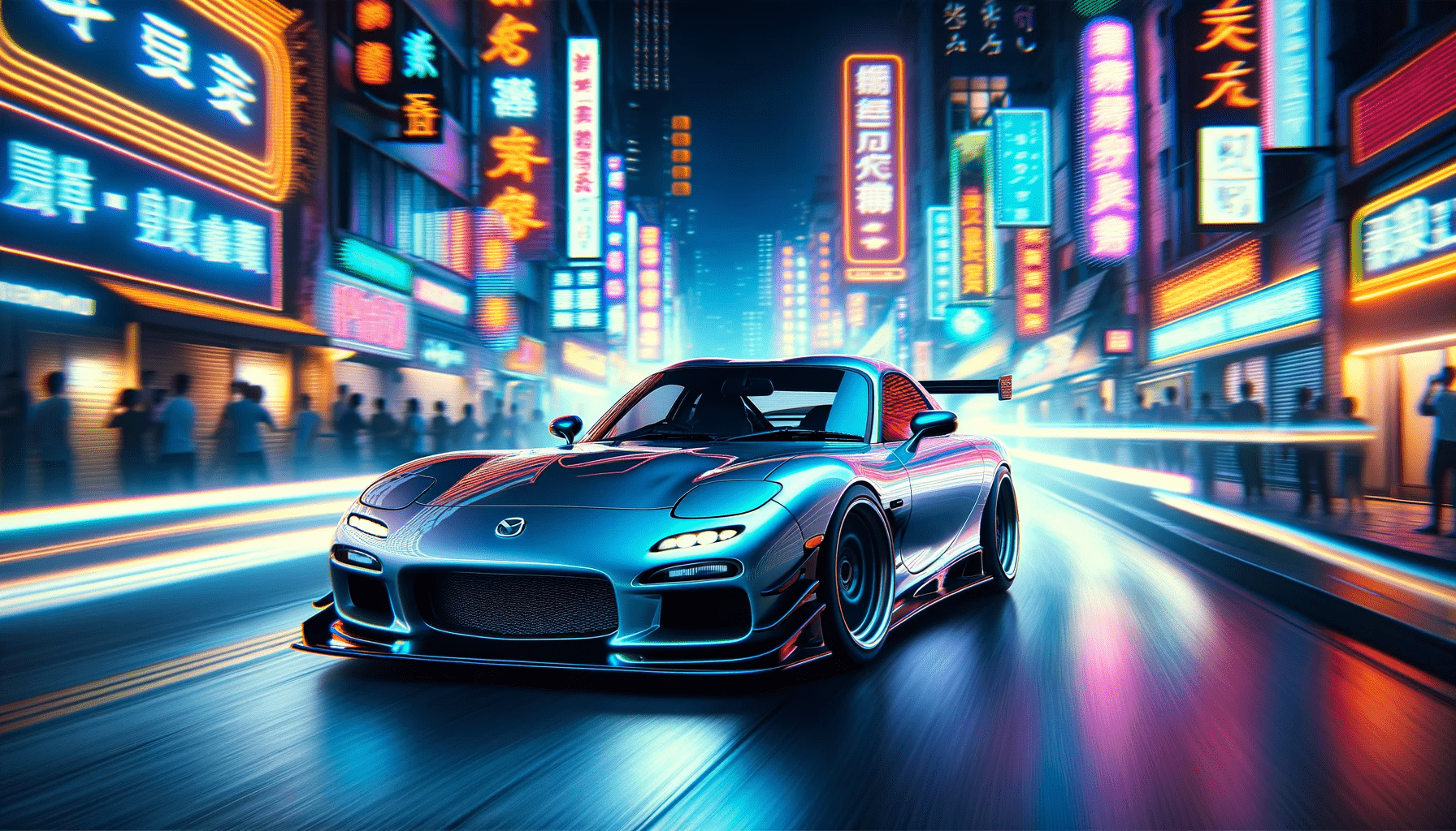 DALL·E 2024-01-08 11.36.53 - A high-quality photo of a Mazda RX-7 (FD3S) speeding through a neon-lit city at night. The car looks ultra-cool and stylish with a sleek, glossy body
