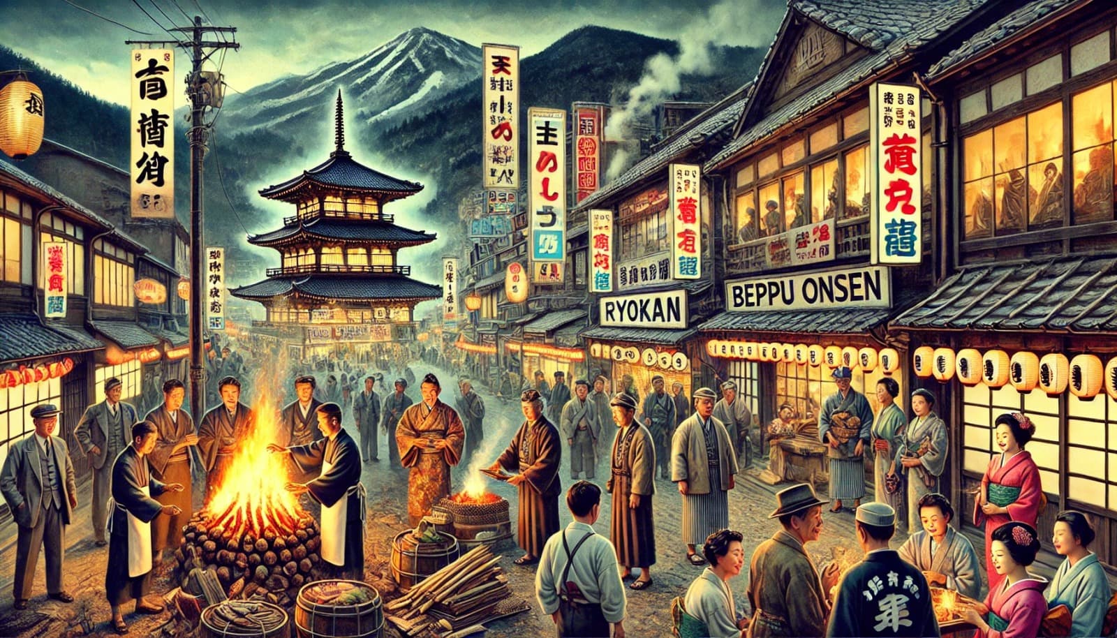 DALL?E 2026-03-20 23.20.54 - A historical illustration depicting Beppu Onsens post-war tourism boom and festival origins___1. 1950s (Showa 25)_ A bustling Beppu hot spring town s