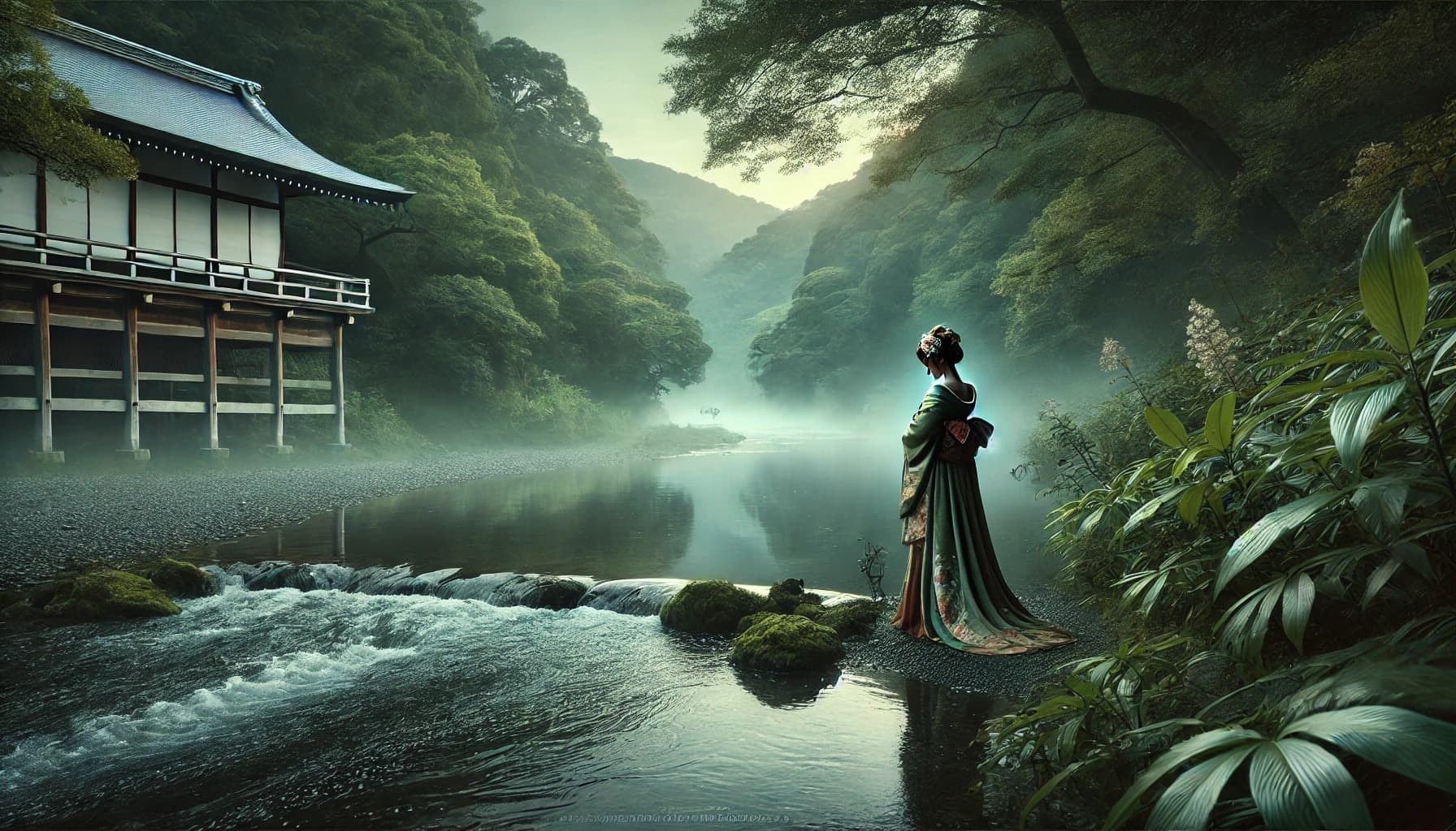 DALL?E 2026-01-19 17.51.49 - A serene and melancholic depiction of Chidori-ga-fuchi (千鳥ヶ淵) located on the right bank of Hozugawa River in Arashiyama, Kyoto, during the late Heian -1