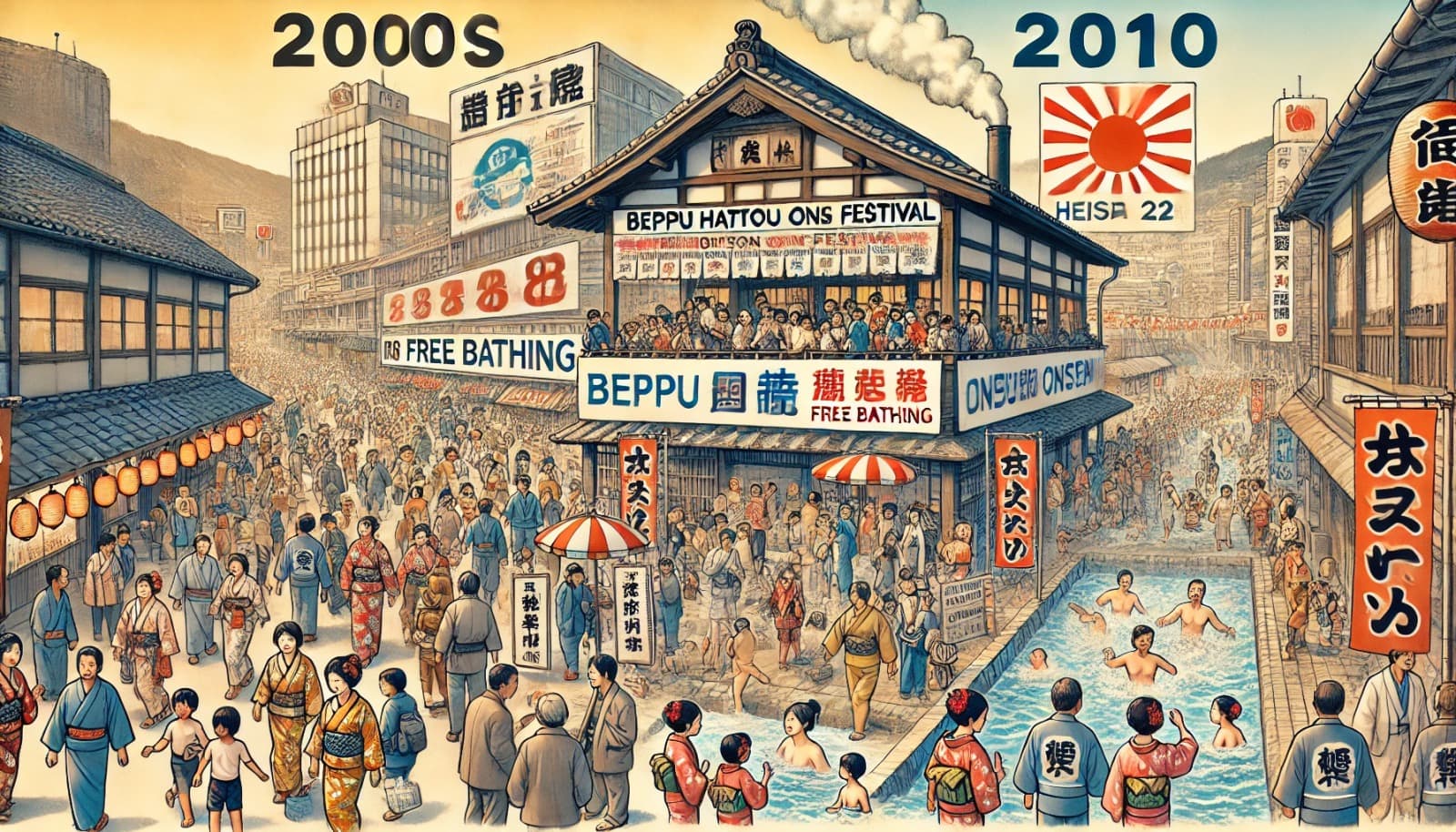 DALL?E 2026-03-20 23.20.50 - A historical illustration depicting the evolution of the Beppu Hattou Onsen Festival in the 2000s and 2010s___1. 2000s (Heisei 12~)_ A lively Beppu Ha
