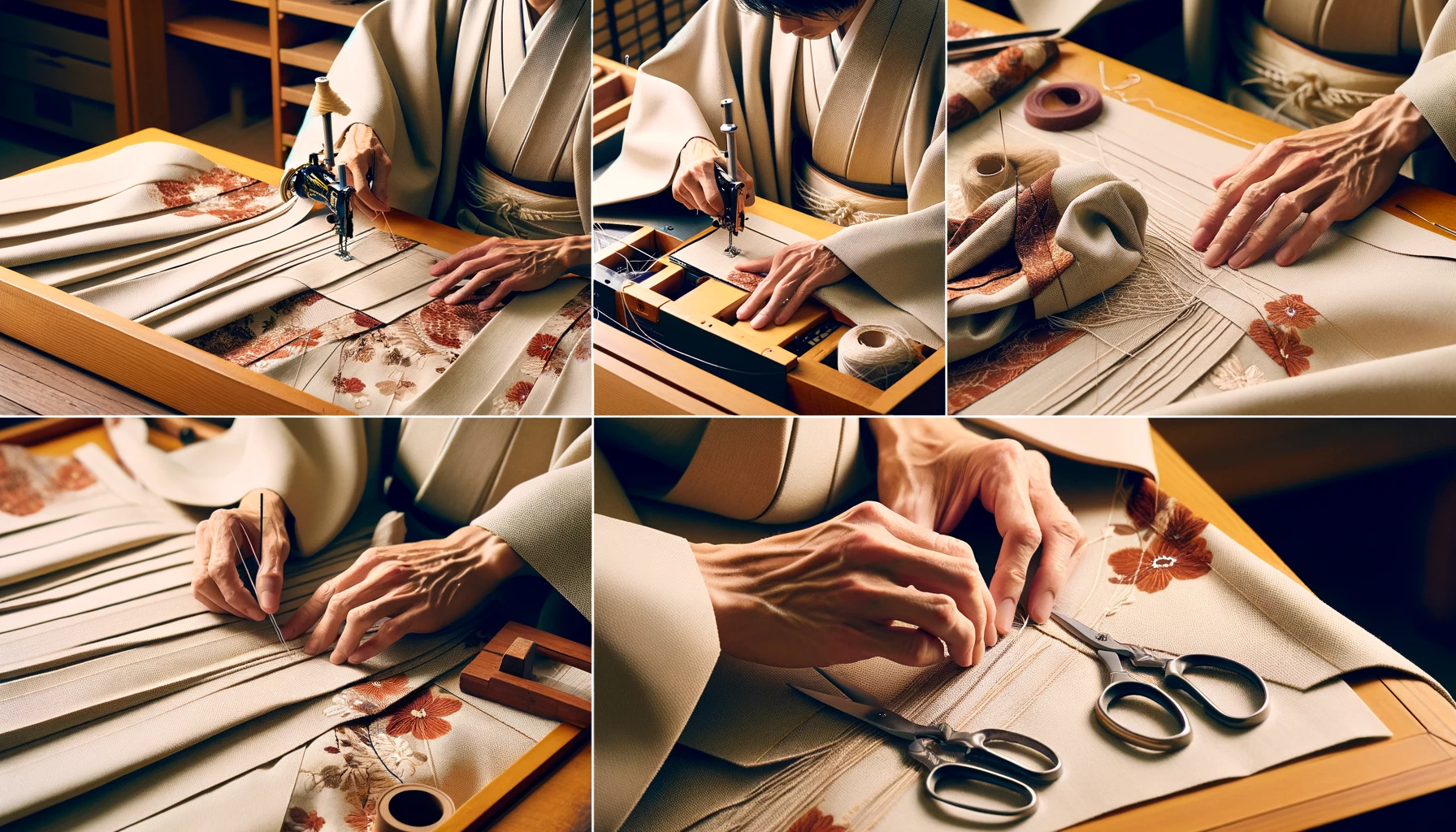 DALL·E 2024-03-02 14.37.08 - A series of images illustrating the sewing process of a kimono, highlighting the skill and precision of the artisans involved. The first image should