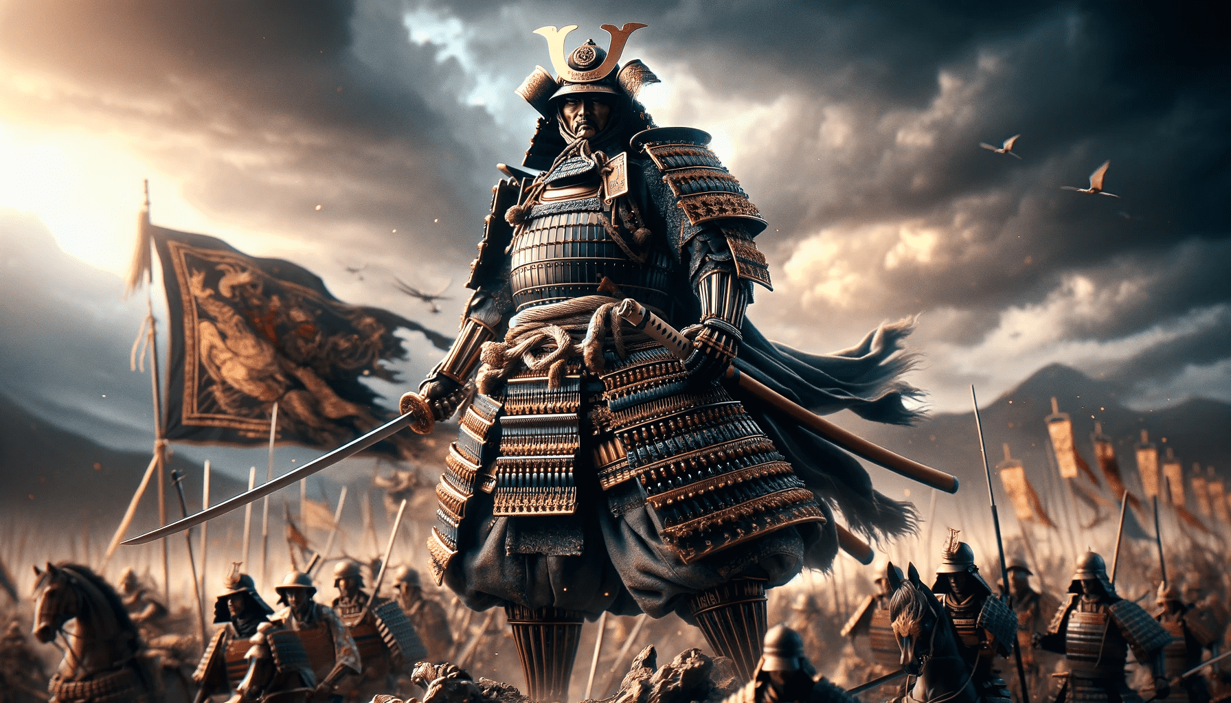 DALL·E 2023-12-25 11.31.11 - A majestic and awe-inspiring image of a dignified samurai on a battlefield, embodying the essence of a true warrior. The samurai is depicted in full,