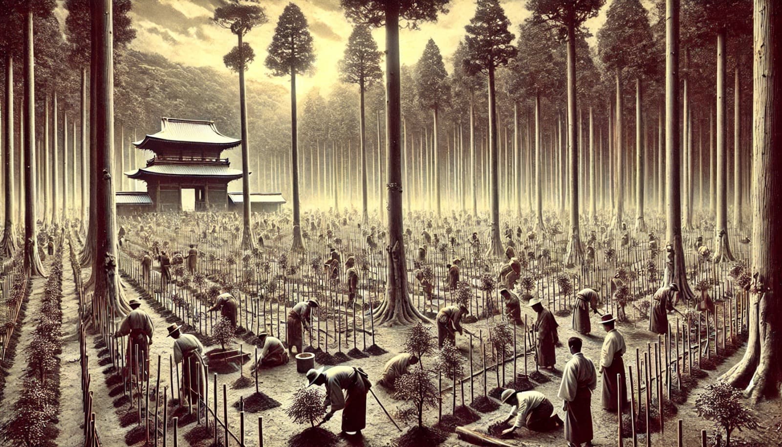 DALL?E 2026-03-02 00.06.26 - A historical scene depicting the construction of Meiji Shrine in Tokyo. During its establishment, around 100,000 trees were donated from across Japan,