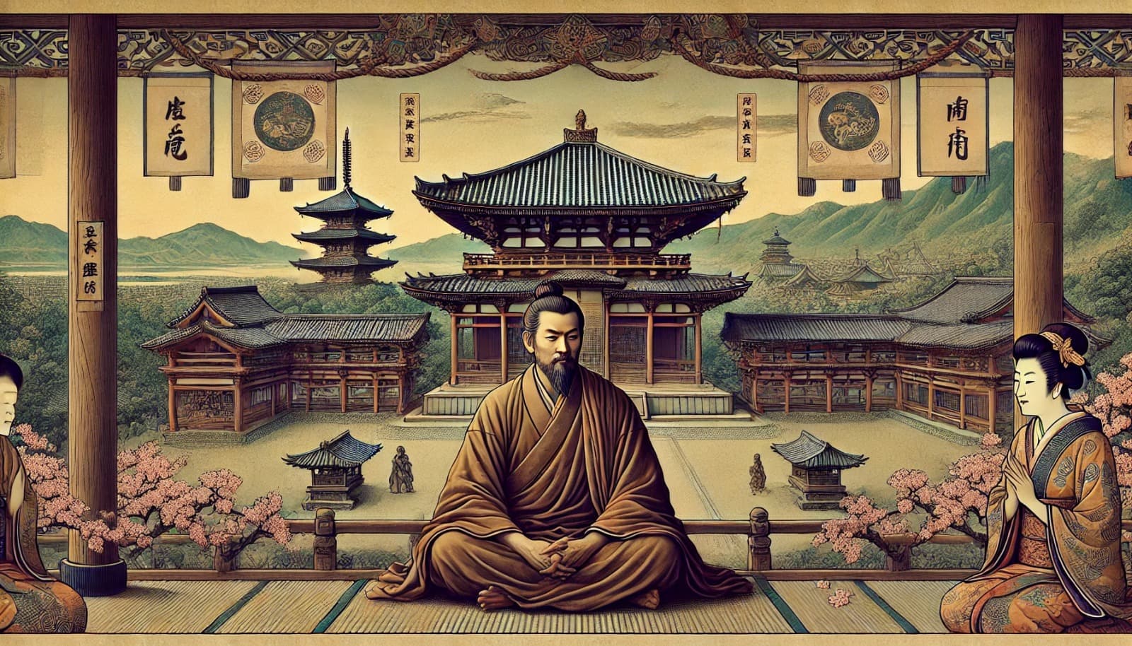 DALL?E 2025-01-22 07.15.56 - A historical depiction of the Zen monk Muso Soseki contributing to the establishment of the Gozan Jissetsu system in 14th-century Japan. The scene fea