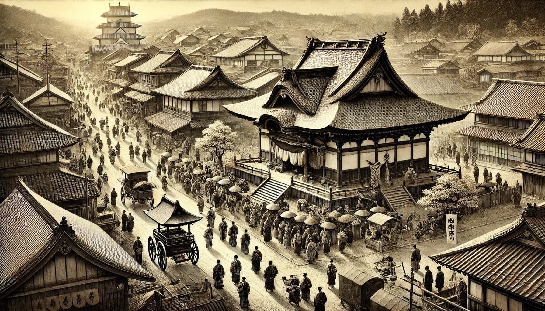 DALL?E 2024-09-19 09.04.02 - A black-and-white image in the style of an old photograph, depicting Omiwa Shrine during the Edo period (1603-1868). The image captures the shrine in 