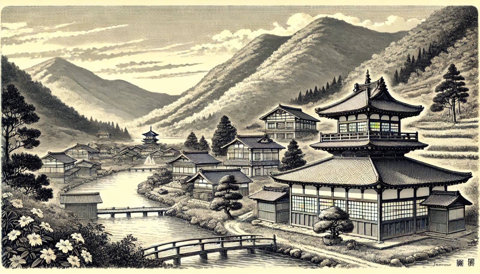 DALL?E 2024-12-20 22.48.07 - A historical black-and-white illustration set in the Taisho period (1912-1926), depicting a serene Japanese onsen village with a focus on administrati
