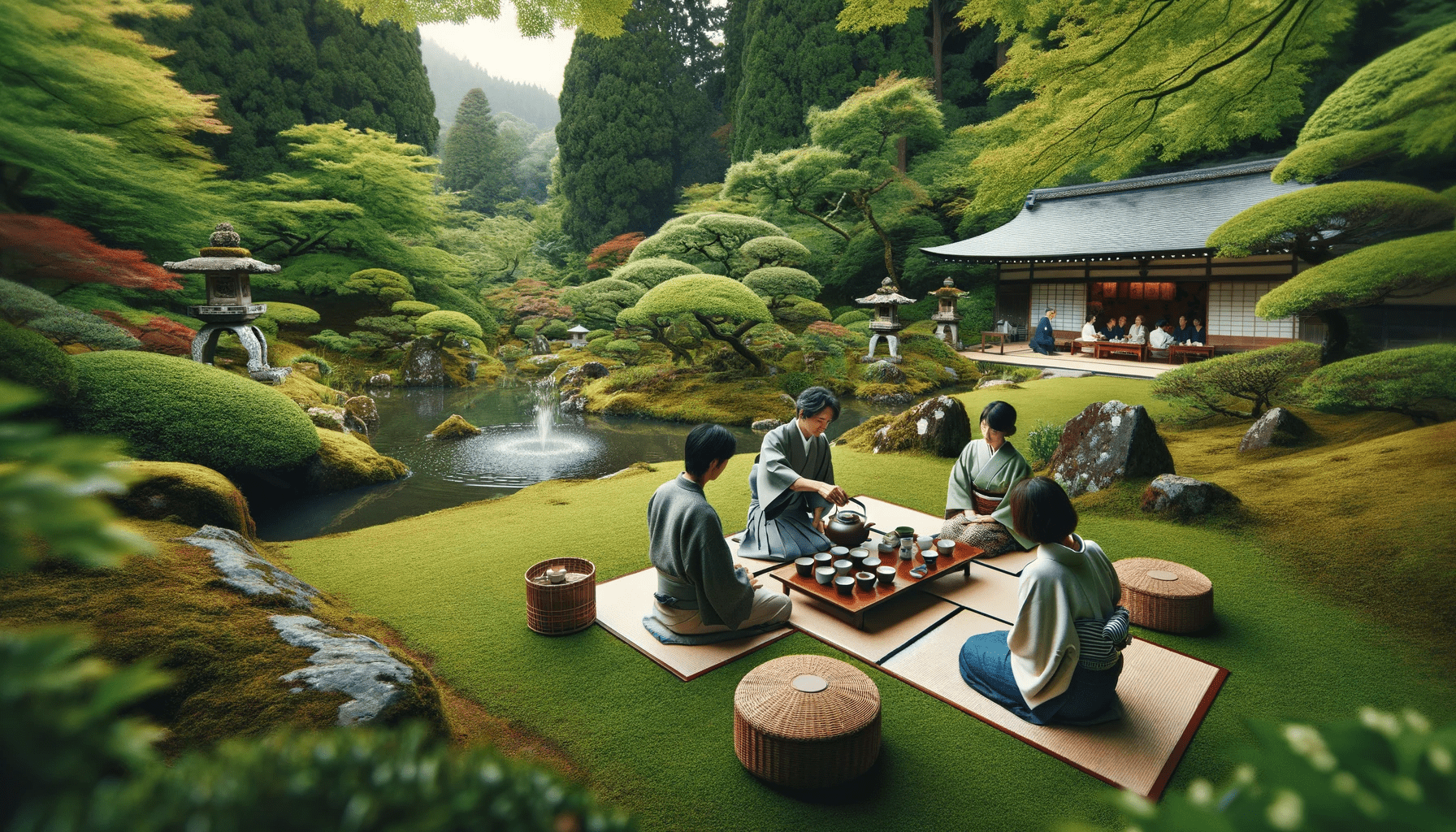 DALL·E 2023-12-29 23.54.21 - A high-quality photograph of a Gyoretsu-shiki tea ceremony, a Japanese tea ceremony style performed outdoors or in a garden. The image should capture