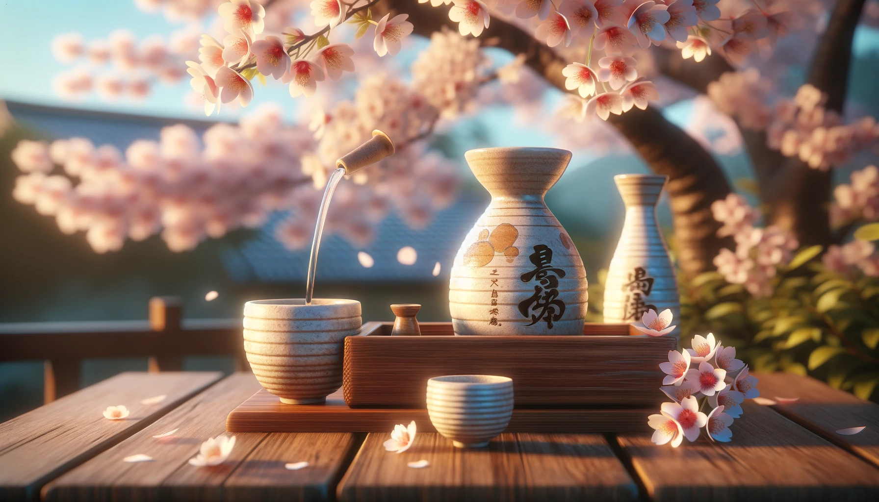 DALL·E 2024-02-18 17.41.52 - Design an elegant image featuring a close-up view of a sake set on an outdoor wooden table during cherry blossom season. The scene includes a ceramic