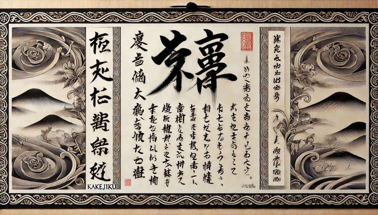 DALL?E 2024-07-09 01.24.08 - A detailed image of a traditional Japanese calligraphy hanging scroll (kakejiku) showcasing its central part, featuring beautifully written kanji char