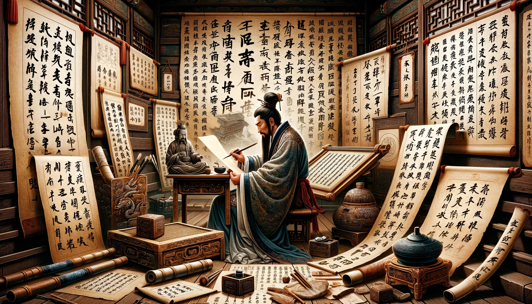 DALL·E 2024-03-09 21.44.45 - An illustrative depiction of the origins of calligraphy in ancient China, showcasing the evolution from oracle bone script and bronze inscriptions to