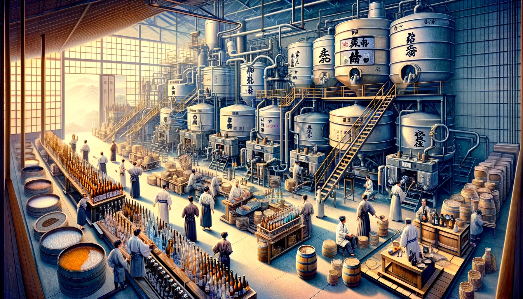 DALL·E 2024-02-18 17.51.38 - Visualize the significant advancement in sake brewing during the Meiji period and beyond, as influenced by the introduction of the sake tax system by