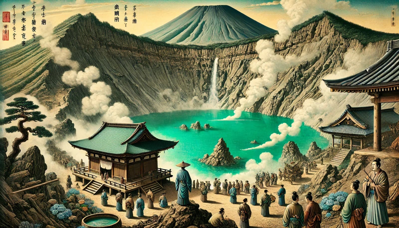 DALL?E 2026-02-15 10.55.28 - A historical depiction of Okama Crater in Mount Zao, Japan, during its formation 1,000 years ago due to volcanic activity. The image showcases a newly