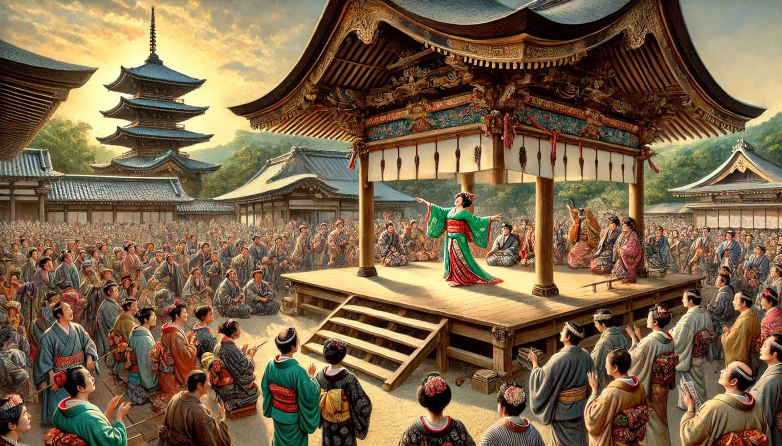 DALL?E 2025-03-14 20.58.21 - A realistic, wide-format depiction of the origin of Kabuki in 1603 at Izumo Taisha Shrine. Show Izumo no Okuni performing a vibrant and innovative dan