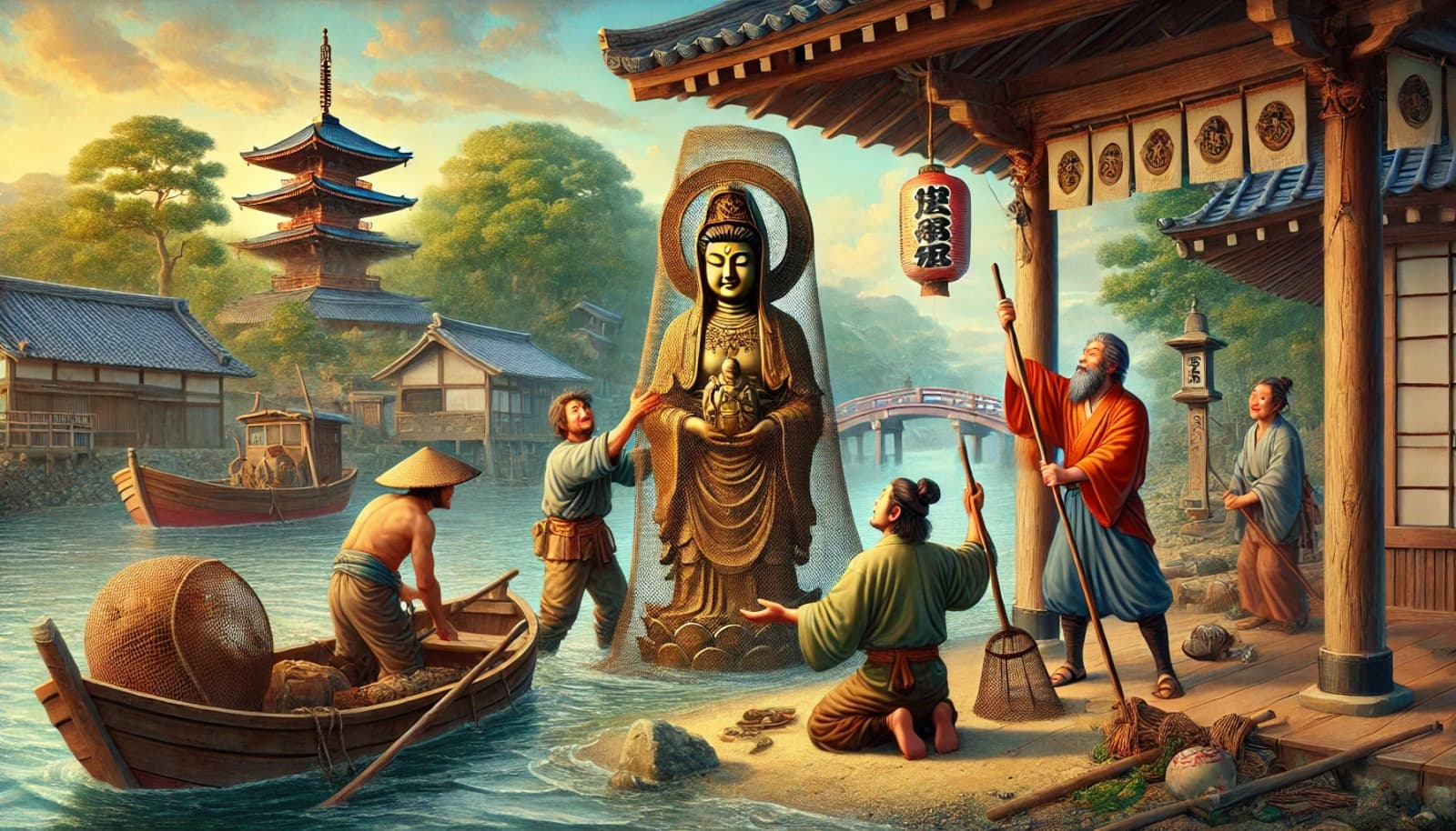 DALL?E 2026-03-02 00.06.23 - A historical scene depicting the origins of Sensoji Temple in Tokyo, dating back to 628 AD. Two fishermen brothers, Hinokuma Hamanari and Takenari, ar