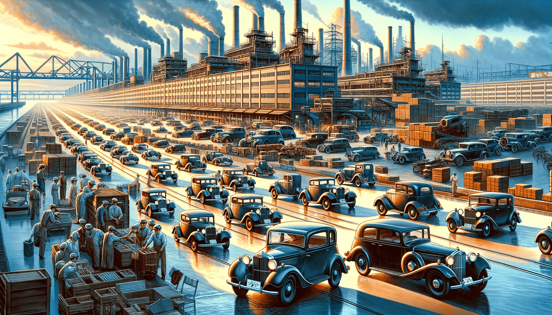 DALL·E 2024-01-08 21.47.57 - An illustrative image capturing the post-war resurgence of Japanese automobile manufacturers as they established mass production systems and expanded