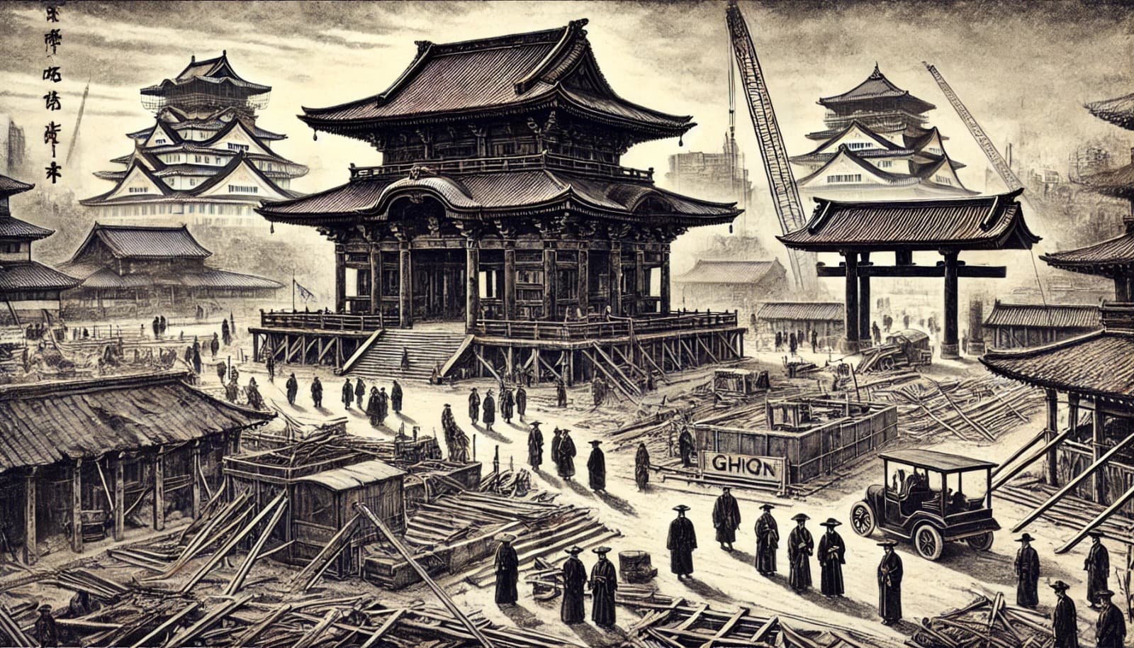 DALL?E 2024-11-22 01.13.45 - A historical black-and-white illustration in the style of an old photograph, depicting the aftermath of World War II at Yasukuni Shrine, showing the t