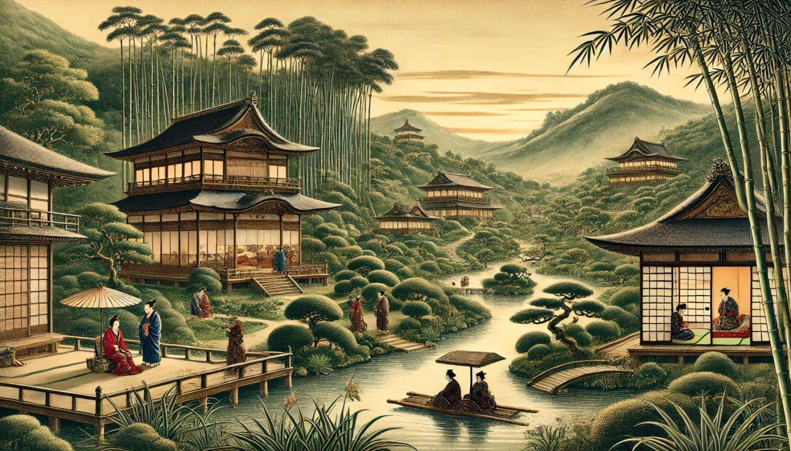 DALL?E 2024-12-22 12.48.46 - A historical depiction of the Sagano-Arashiyama region during the Heian period (794-1185), styled as an ancient Japanese painting. The scene features 