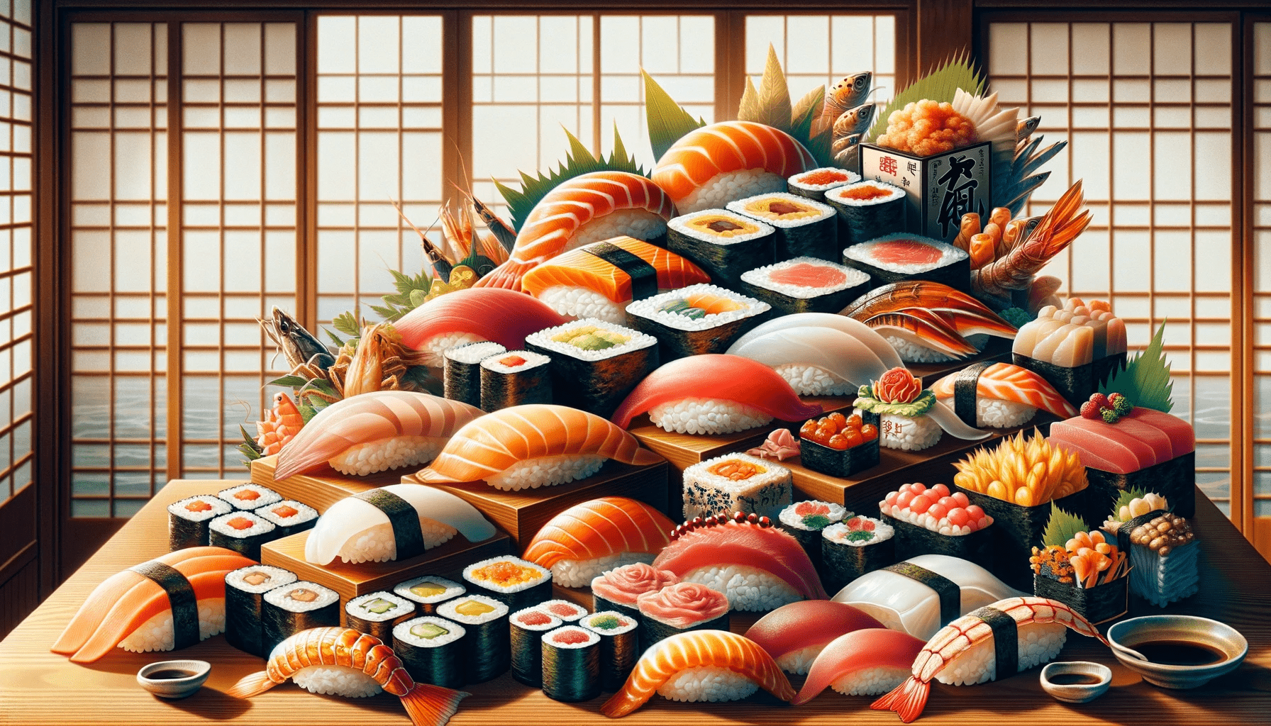 DALL·E 2024-01-06 15.14.52 - Image 1_ A traditional Japanese sushi arrangement showcasing the basic structure of sushi. The image includes sushi rice (vinegared rice) topped with