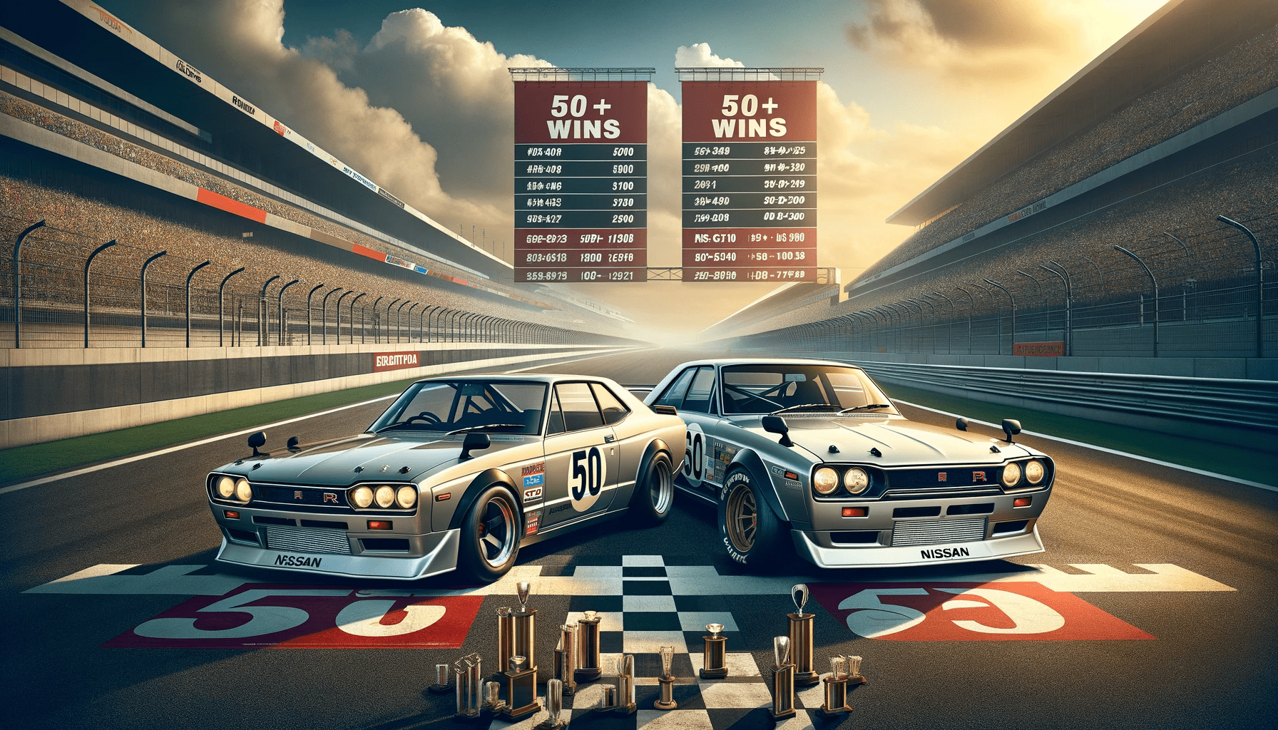 DALL·E 2024-01-08 21.50.12 - An artistic image representing the legacy of the Nissan Skyline GT-R PGC10 and KPGC10 models in racing. The image should depict both cars together on