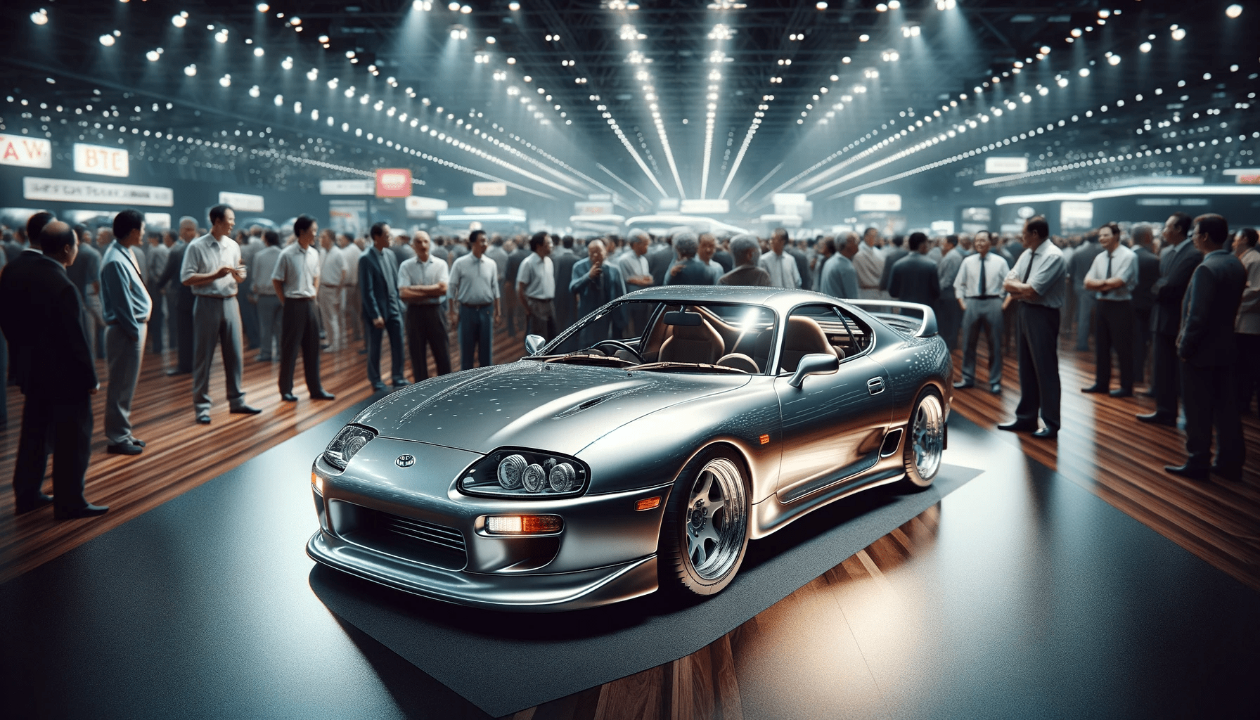 DALL·E 2024-01-08 21.51.39 - A photorealistic image of a Toyota Supra Mk4 (80 Supra) showcased at a prestigious car show. The car is presented in a classic metallic silver color,