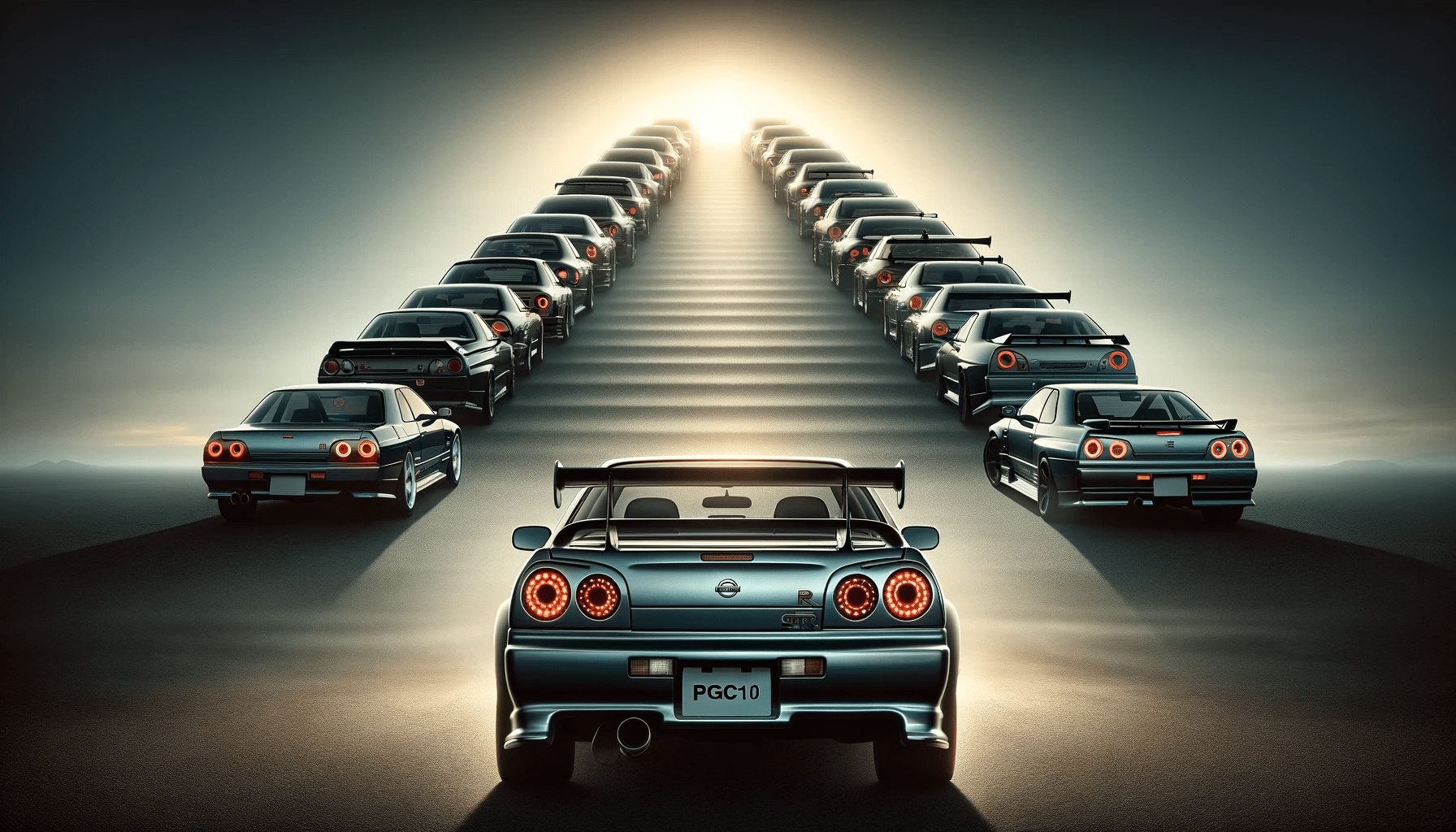 DALL·E 2024-01-08 21.49.50 - A creative and symbolic image representing the influence of the Nissan Skyline GT-R PGC10 and KPGC10 on the development of later Skyline GT-R models,